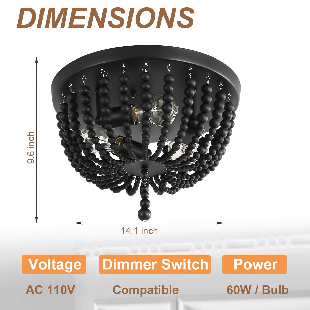 Black 14.1 Inch Boho Chandelier,3-Light Wood Beaded Chandelier Light Fixture Bohemia Draped Bead Chandelier, Flush Mount Ceiling