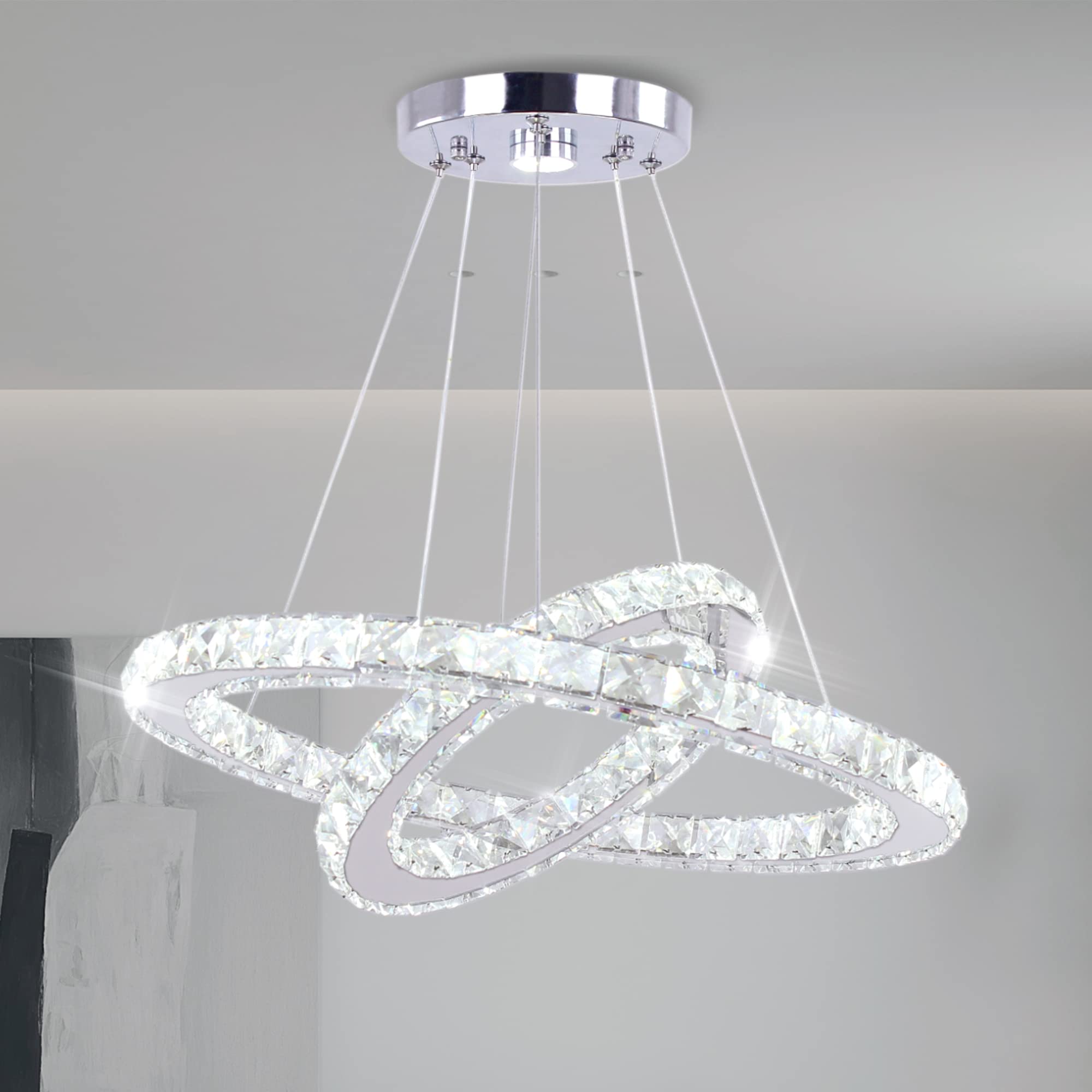 TongLan LED Modern Crystal Chandelier 19.7 x 11.8 inches Ceiling Pendant Light 2 Rings Adjustable Stainless Steel Lighting Fixtu