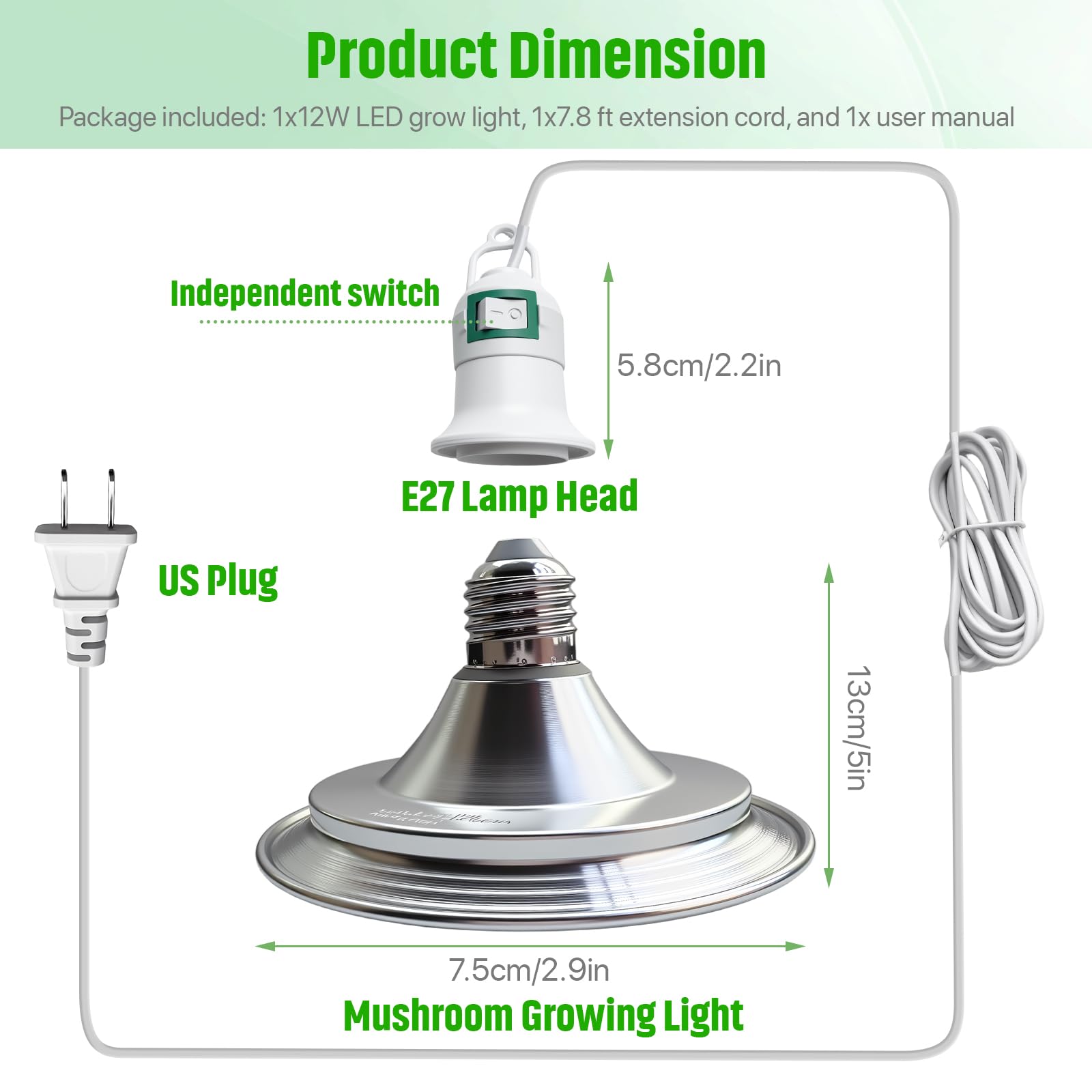 Ehaijia LED Growing Light for Mushroom Kit, Dual Spectrum, 7.8 Ft Extension Cord, Silver, Model MGD01