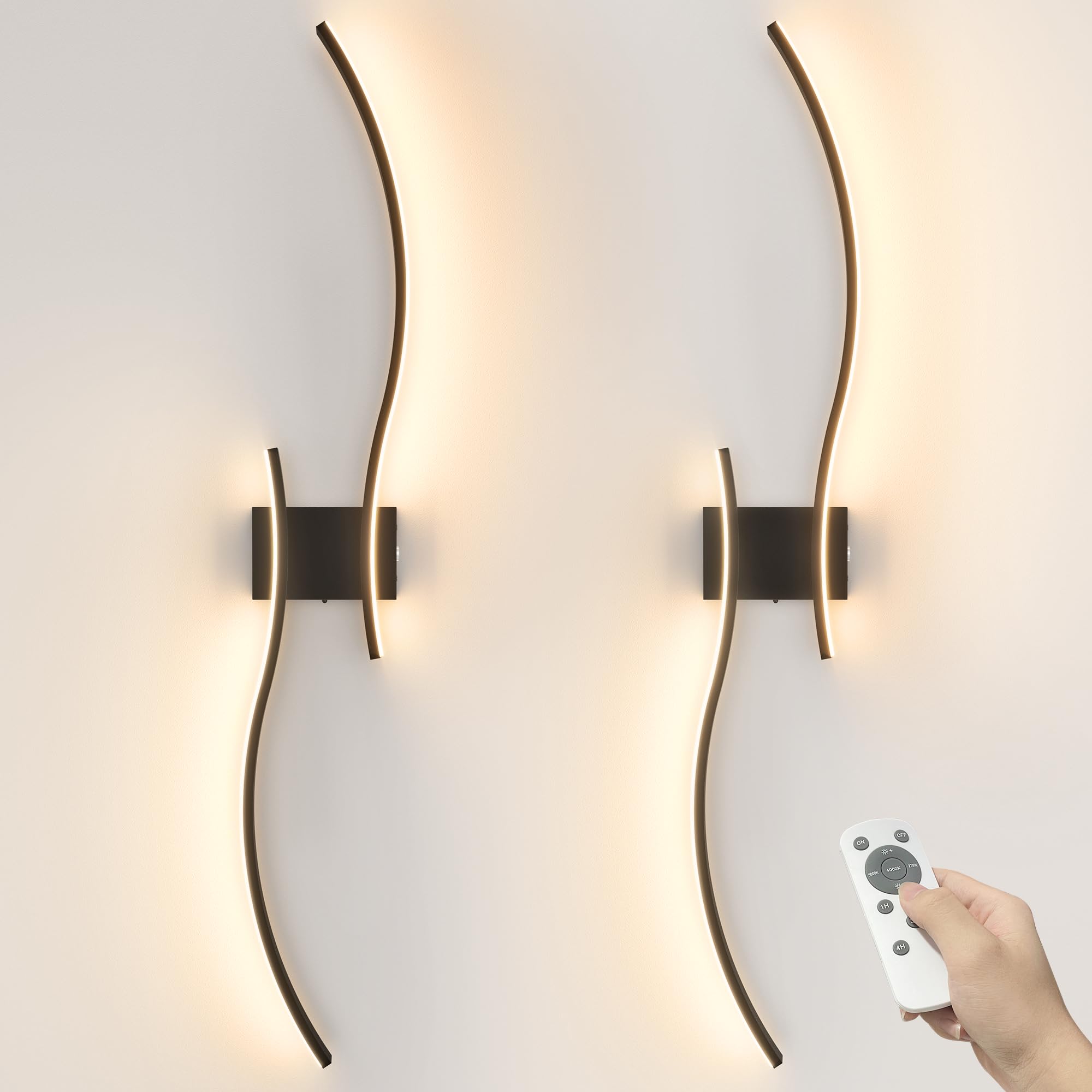 VOLISUN Wireless Wall Sconces Set of Two, Dimmable 3000K-6500K, 39.4 Inch, Black, Rechargeable, Model SW044