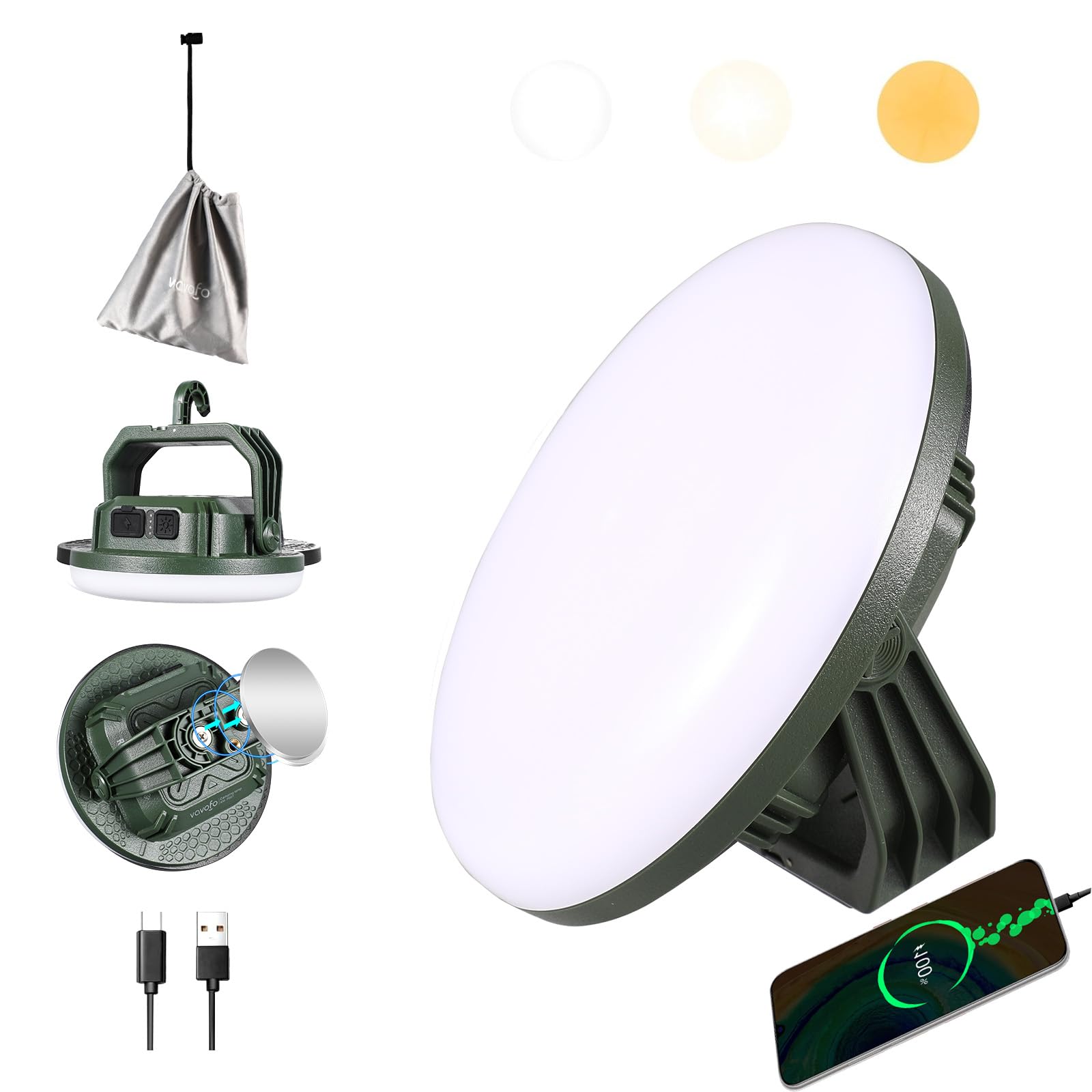 VAVOFO LED Camping Lantern 15,000mAh 4000LM Rechargeable IP65 Waterproof Green KM-FD01