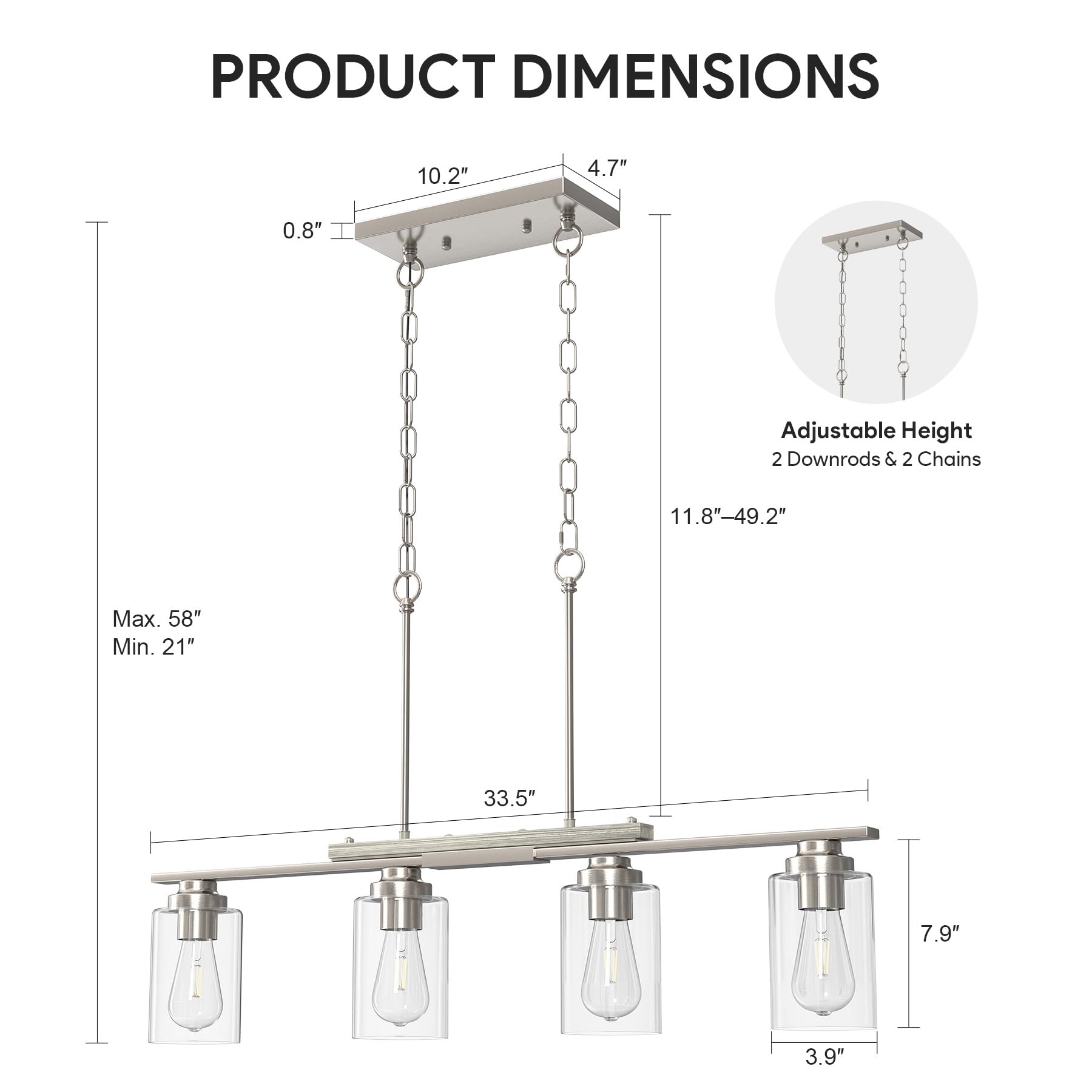 Vonluce Kitchen Island Lighting  4-Light Dining Room Light Fixture Over Table With Glass Shade And Adjustable Rods  Farmhouse Linear Chandelier For Kitchen Island  Brushed Nickel  Etl Certificated