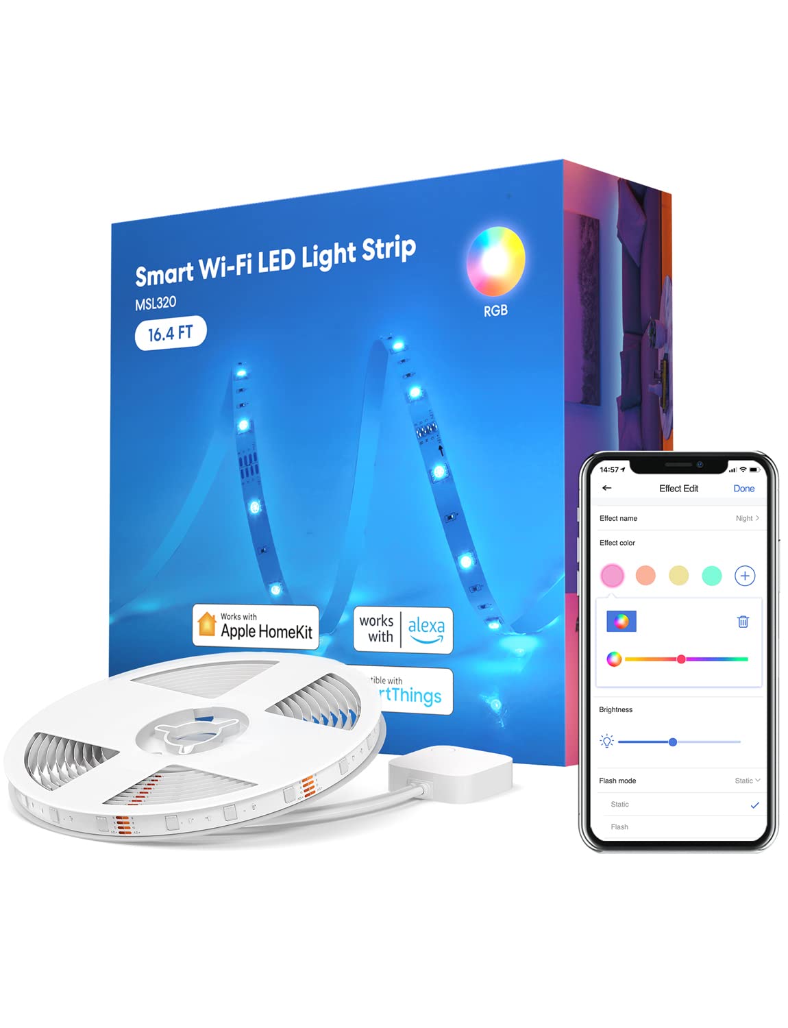 Meross Smart Led Strip Lights 16.4Ft Wifi Rgb Lights For Homekit, Alexa, Google Home, Ul Listed, Model Msl320