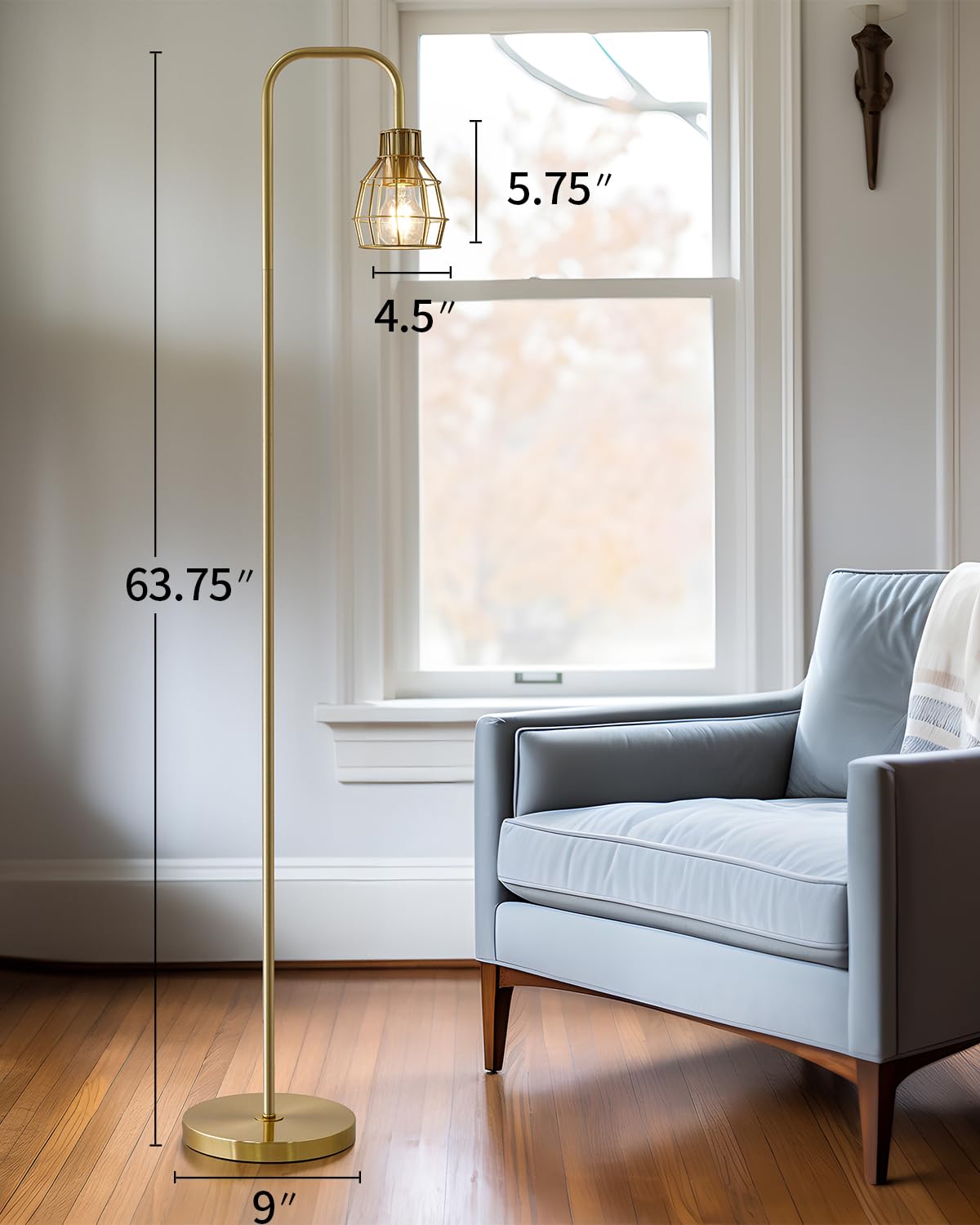 Oneach Gold Floor Lamp with Metal Guard, 4W LED Bulb, Industrial Style, Model AMZ-F1148GL