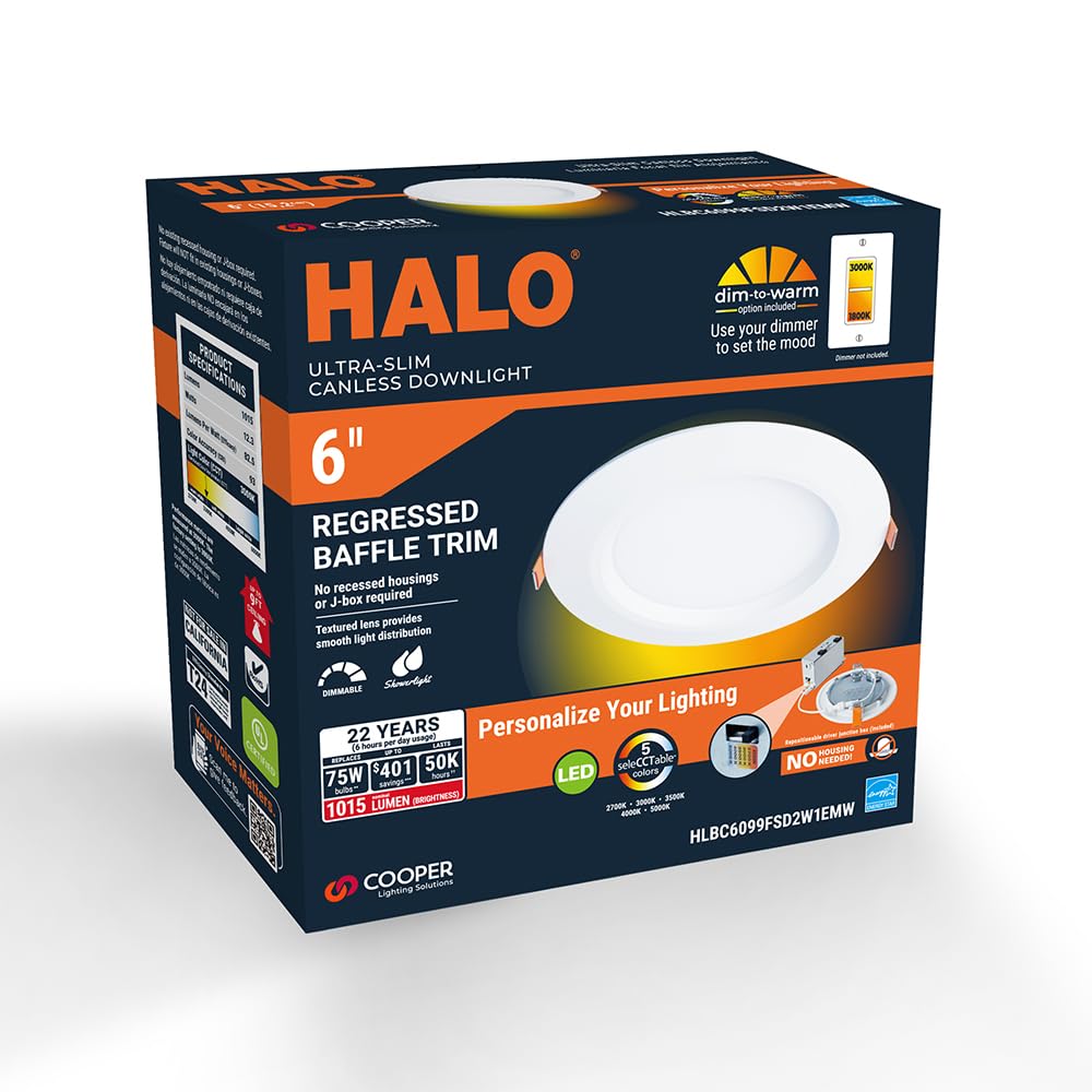 Halo Hlbc 6 Inch Ultra-Slim Regressed Led Downlight, Selectable Cct With Dim To Warm, Canless Installation