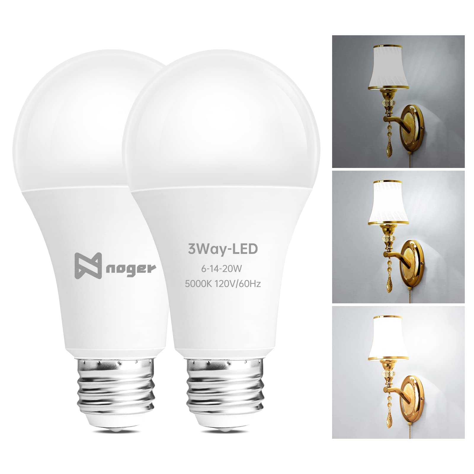 Noger 3-Way LED A21 Light Bulbs, 50-100-150W Equivalent, 5000K Daylight, E26, 2 Pack, Plastic-Aluminum