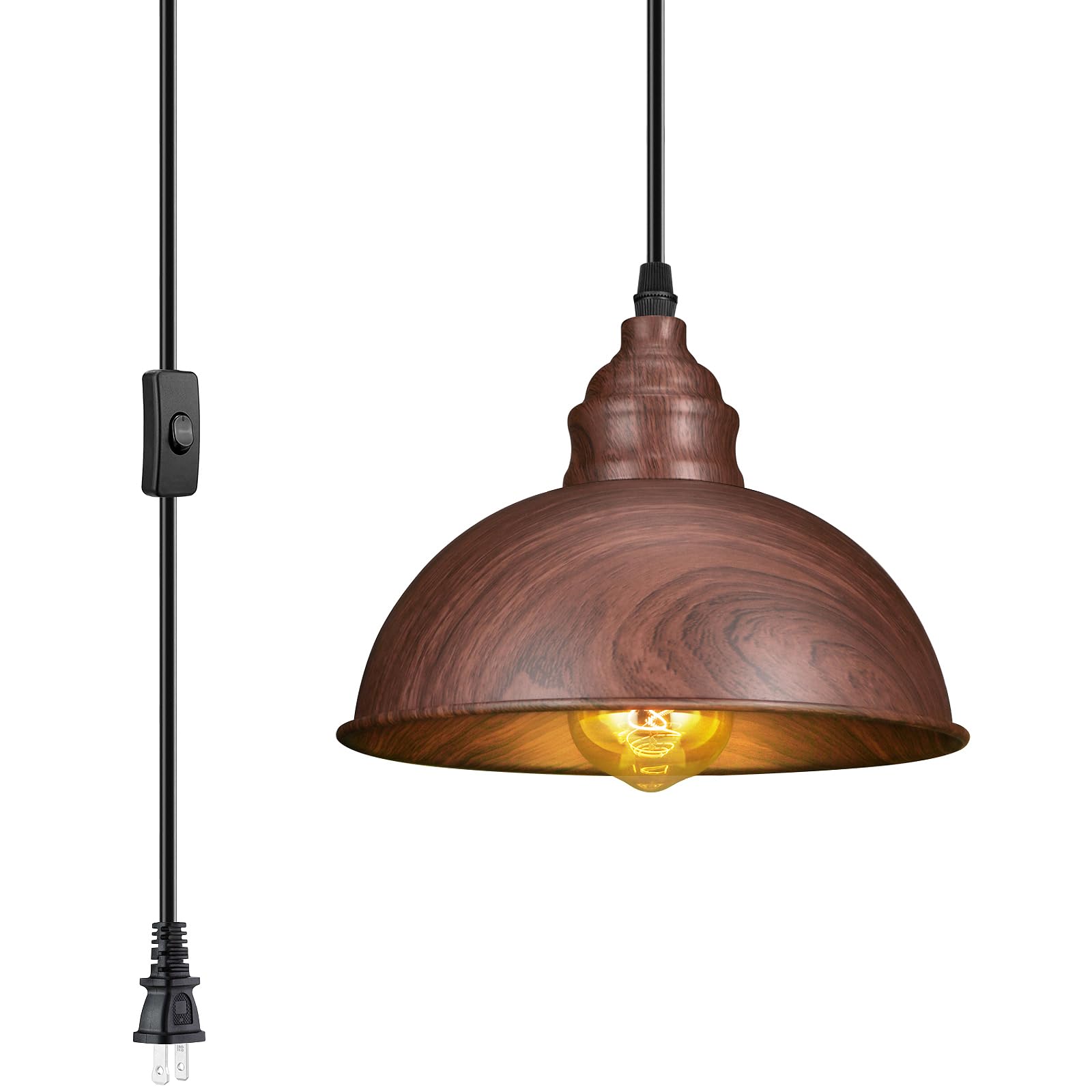SoodMi Plug in Pendant Light  15FT Hanging Lights  On/Off Switch  Industrial Pendant Light with Plug in Cord  Metal Hanging Lamps for Living Room  Kitchen  Dining Room Brown