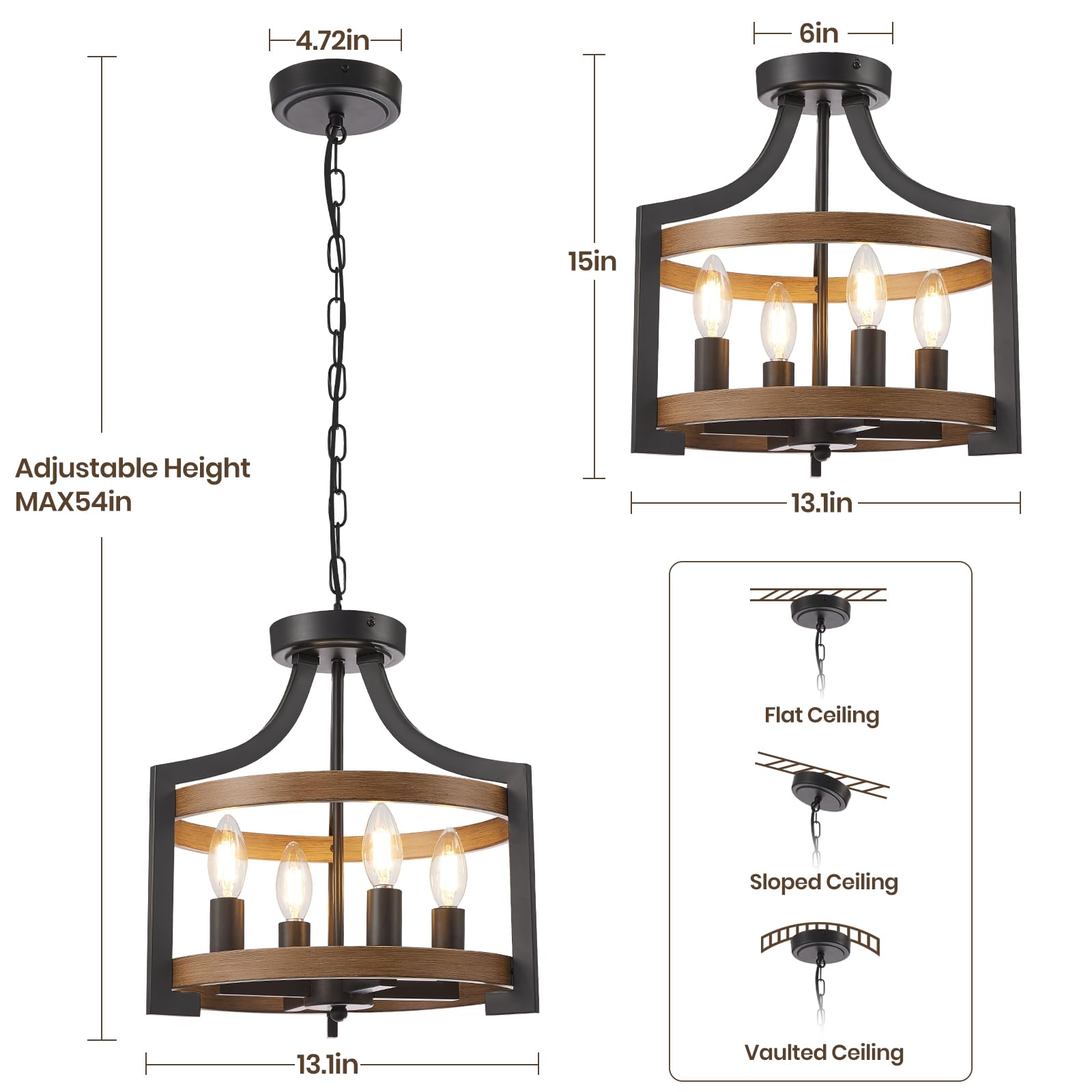Hoxiya Farmhouse Chandelier, Convertible Semi Flush Mount Ceiling Light, 4 Light Modern Hanging Pendant Lighting, Black And Faux