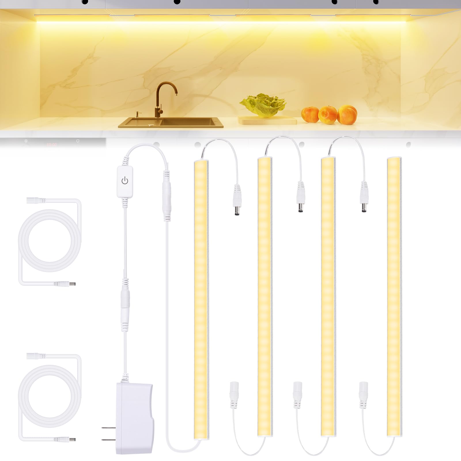 JUSJUBR Under Cabinet Lights, LED Light Bars, Dimmable, Warm White, 4 Pack, 12 Inch, Aluminum