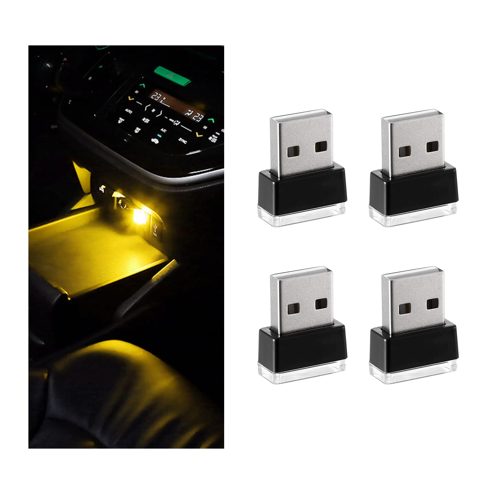 Sylvil 4 PCS USB LED Car Interior Atmosphere Lamp  Portable Mini LED Night Light  Plug-in USB Interface Trunk Ambient Lighting Kit  Universal Interior Car Accessories (Yellow)