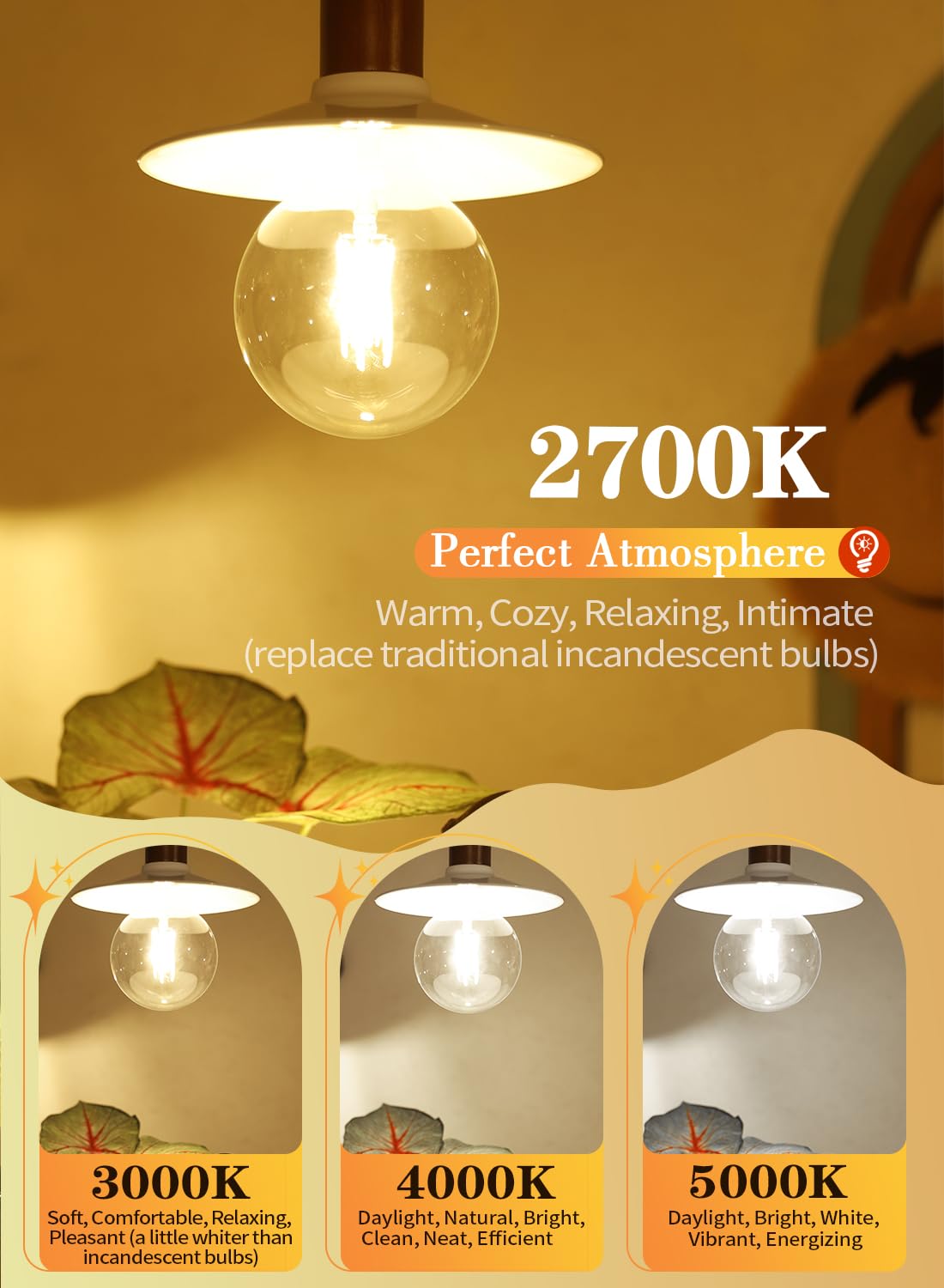 OMAYKEY LED Globe Bulb 10W Dimmable 800 LM E26 Vintage G125 Clear Glass Warm White 2700K