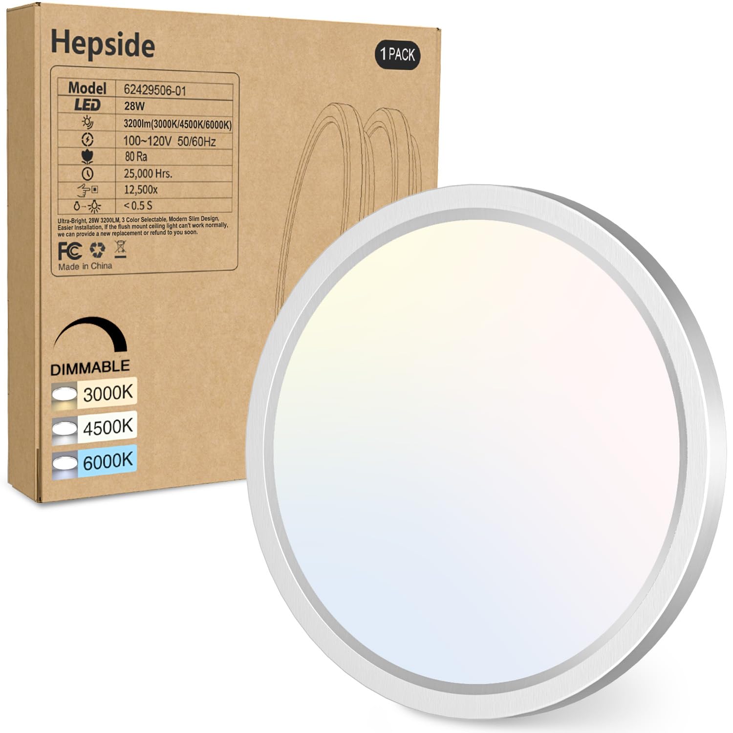 Hepside 1Pack Flush Mount Led Ceiling Light Fixture Brushed Nickel, 12Inch 28W, Dimmable 3000K-4500K-6000K 3 Color Selectable Ceiling Lamp 3200Lm Low Profile Ceiling Light For Kitchen Bedroom Hallway