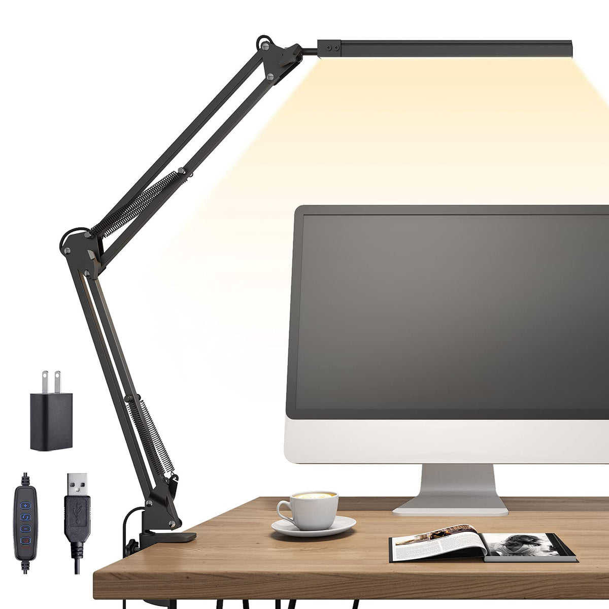 Tropicaltree Led Desk Lamp, Swing Arm Light With Clamp, 3 Lighting 10 Brightness Eye-Caring Modes, Reading Lamps For Home Office