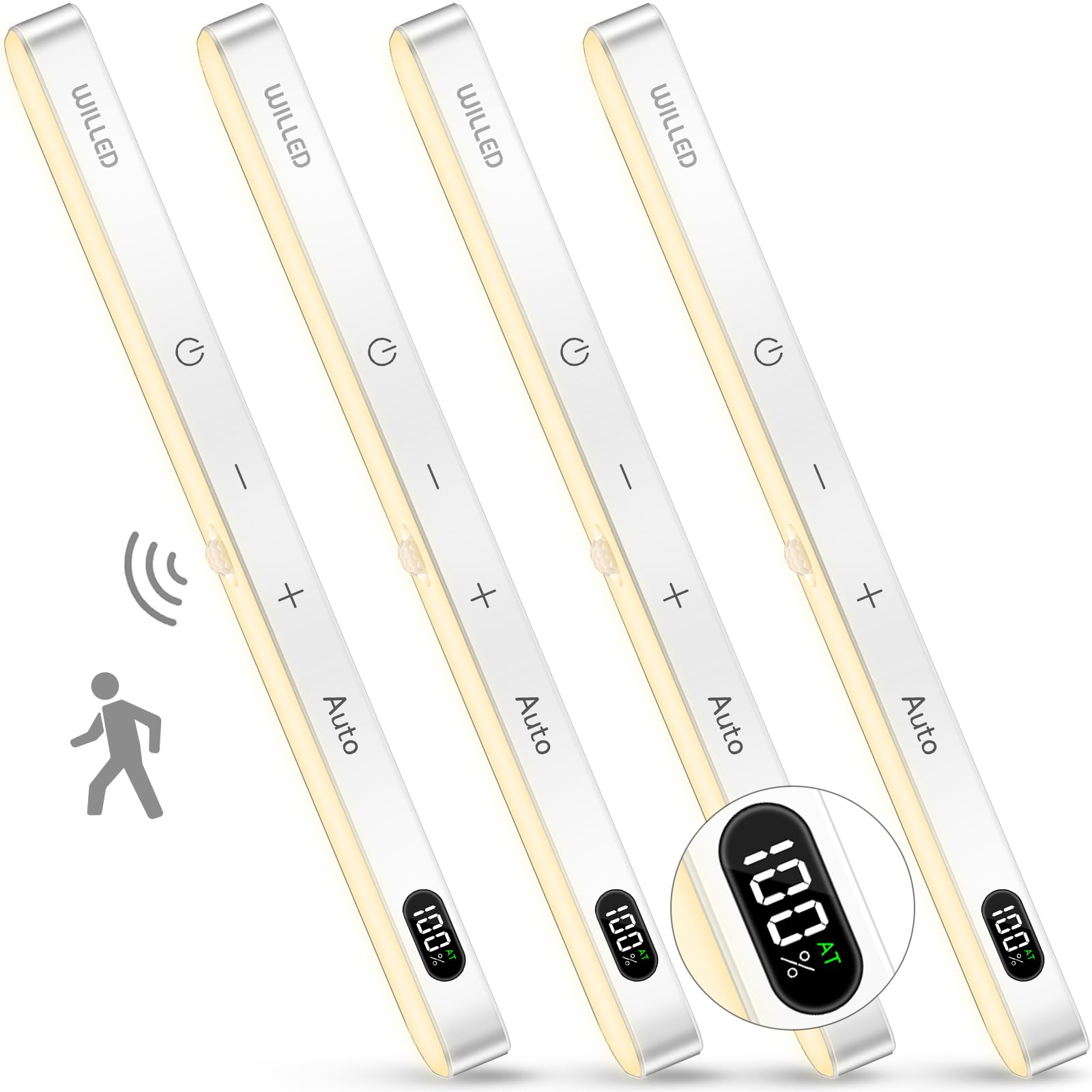 WILLED Motion Sensor Closet Lights, 60 LED, Warm White 3000K, 4 Pack, Rechargeable, Plastic