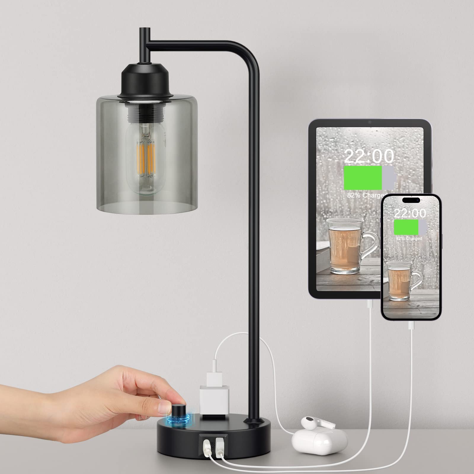Industrial Bedside Desk Lamps for Bedroom - Grey Smoked Glass Shade Table Lamp with USB C Port, Fully Dimmable Small Lamps with 