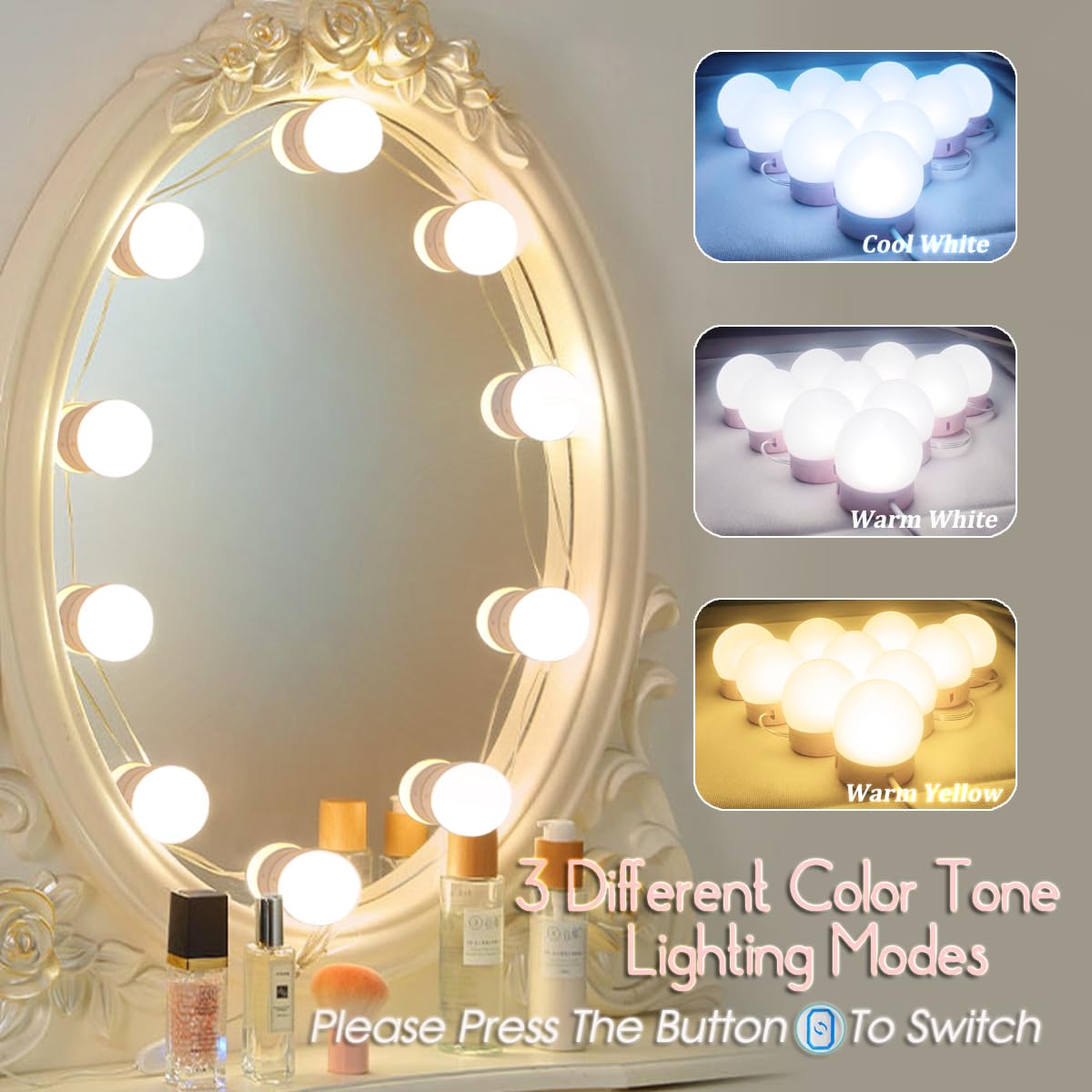 HELOIE Led Vanity Mirror Lights, 10 Dimmable Bulbs, Adjustable Color & Brightness, Pink, Model vl-10p
