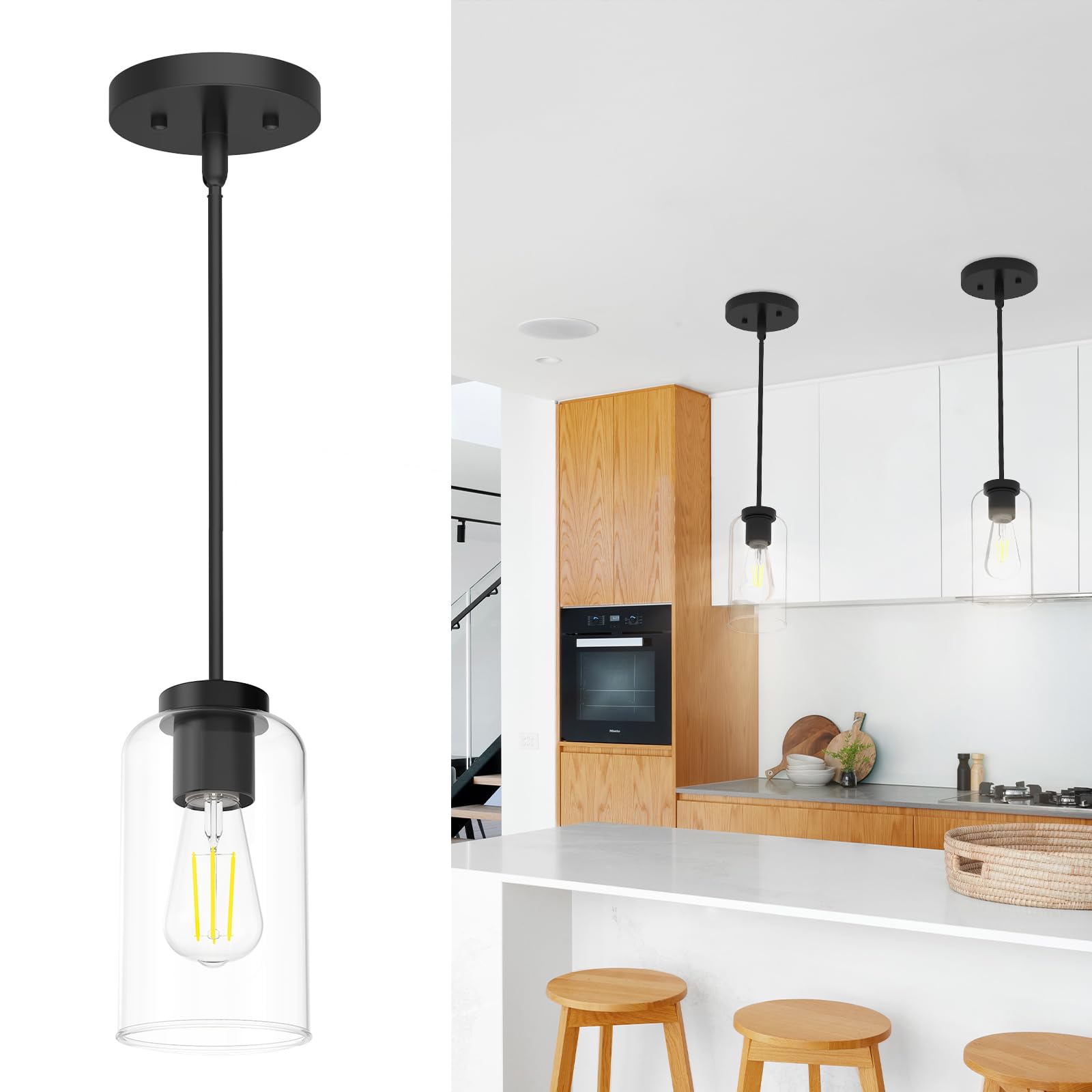 Zevluck Pendant Light Fixtures, Matte Black Pendant Lighting with 5 Adjustable Tubes, Hanging Light Fixtures with Clear Glass Sh