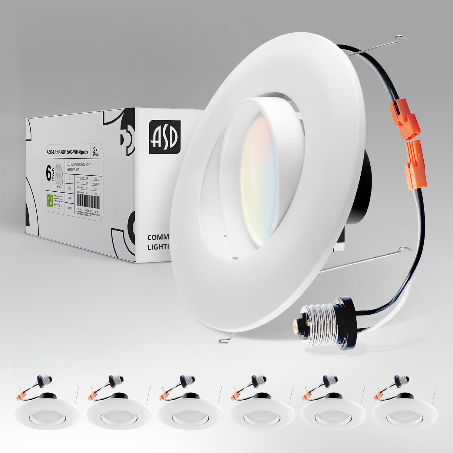 ASD 6 Inch Gimbal LED Recessed Light, 15W 1236LM, Adjustable Dimmable, White Trim, Aluminum, ETL 6 Pack, Model A-LRK