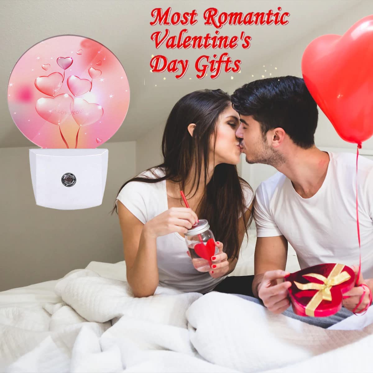 Ekobla Valentine Romantic Pink Night Light Love Heart Shape Balloons Night Lights Plug Into Wall Auto Sensor Led Night Lamp For