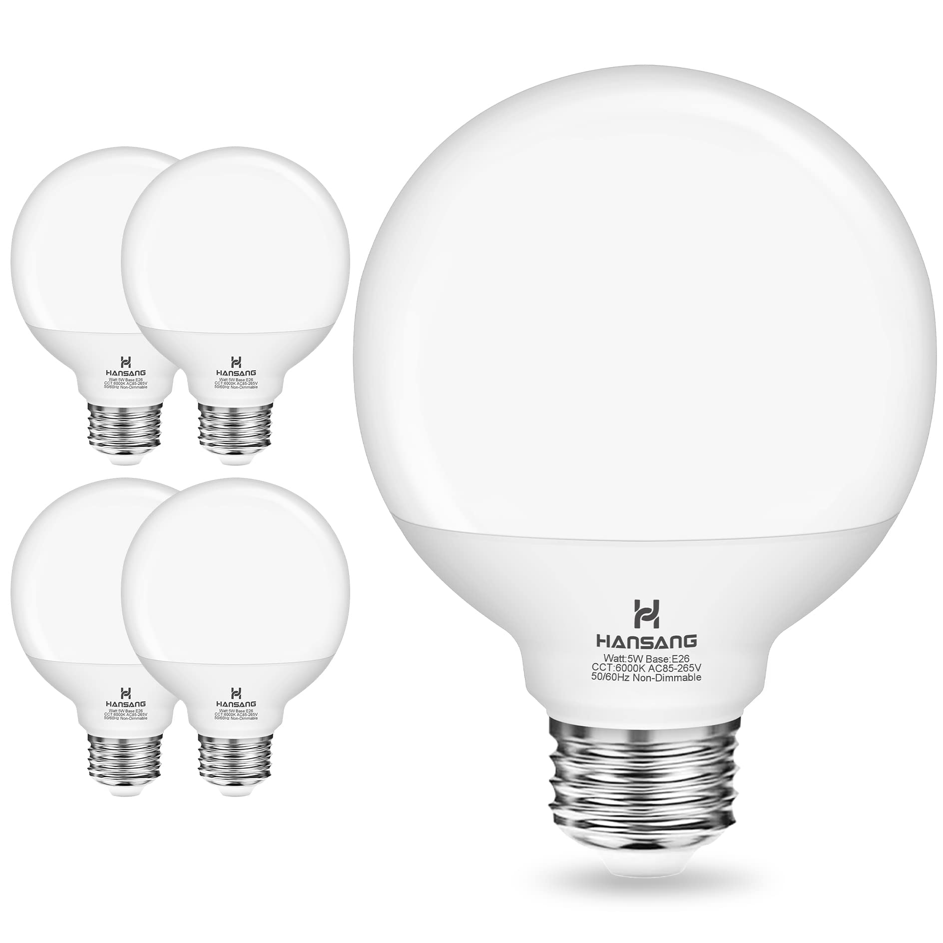 Hansang G25 Led Globe Light Bulbs 6000K Cool Daylight, Bathroom Light Bulb 60W Incandescent Equivalent, E26 Standard Base, 5W De