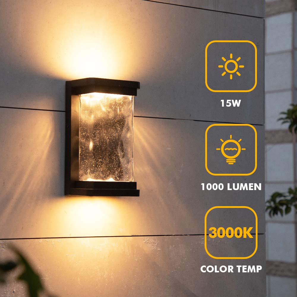 LUTEC Outdoor LED Wall Light Fixture, 1000 Lumen, Dusk to Dawn, Seeded Glass, Matte Black, 1 Pack, Model 5185701012
