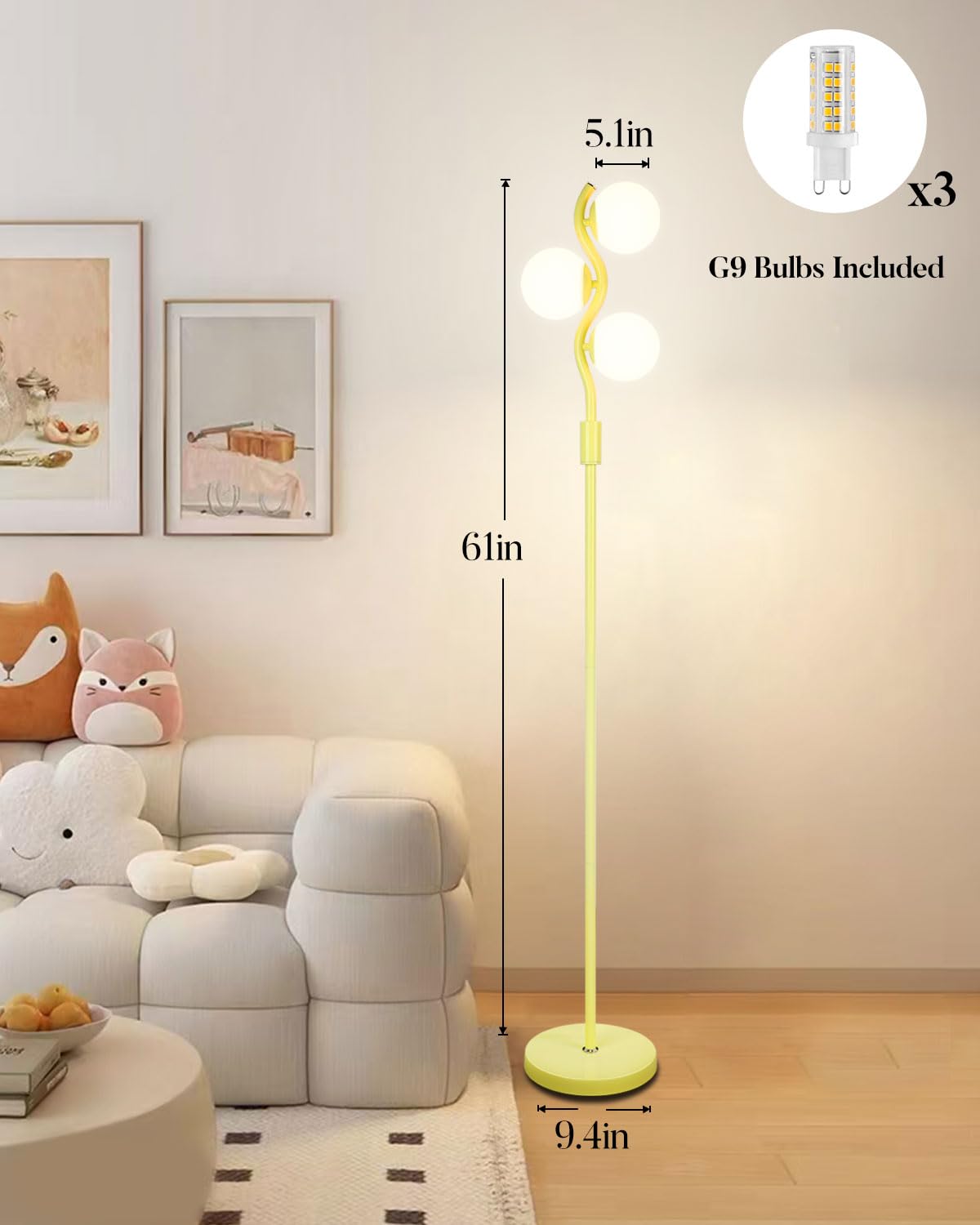 Lightdot 60IN 3-Globe Green Floor Lamp, Dimmable, Stepless Brightness, Modern Tall Design for Bedroom/Office - Model LFLL