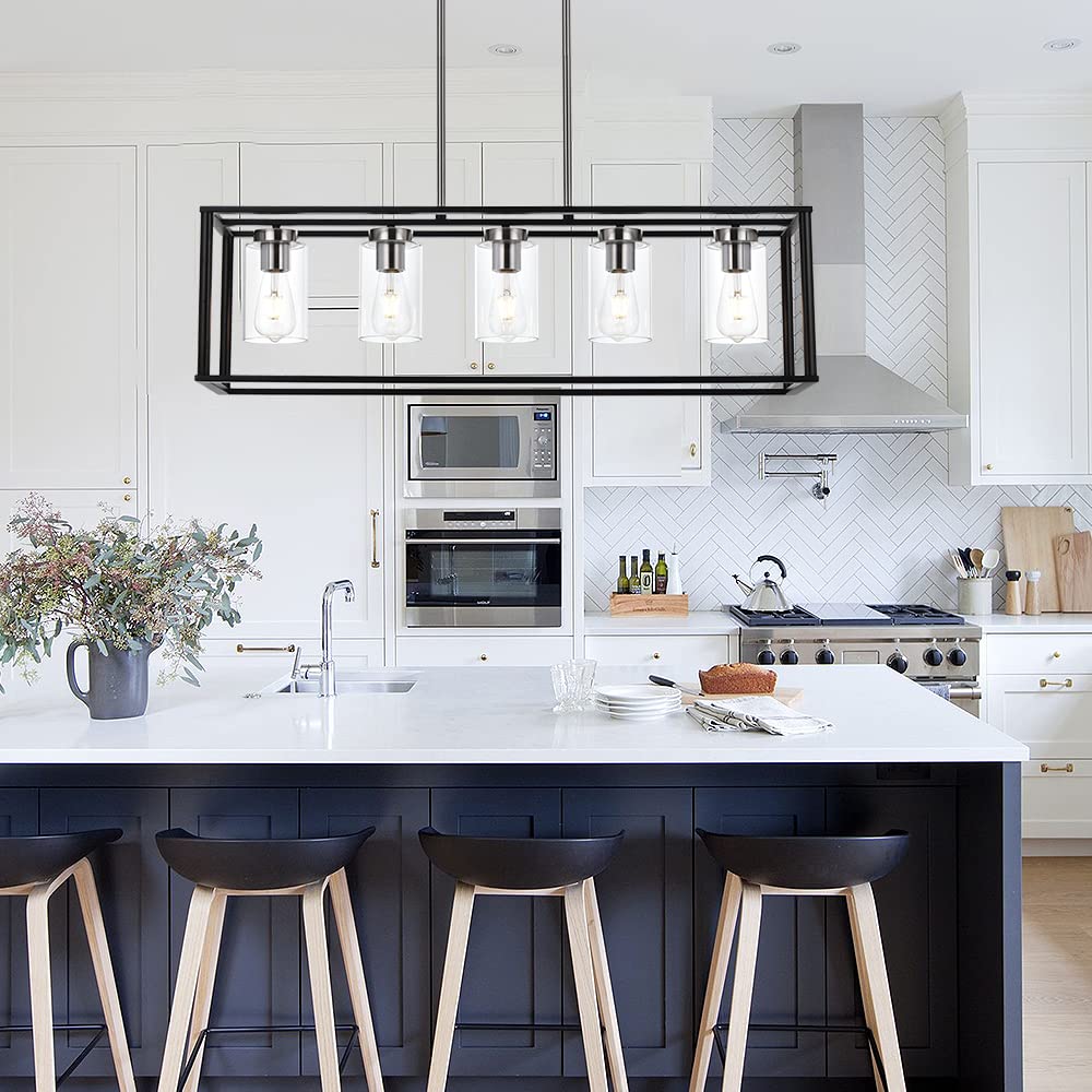 VINLUZ Modern Chandelier Lighting Fixture, 5 Light, Brushed Nickel and Black, Clear Glass Shade, Model 1811-5-BS