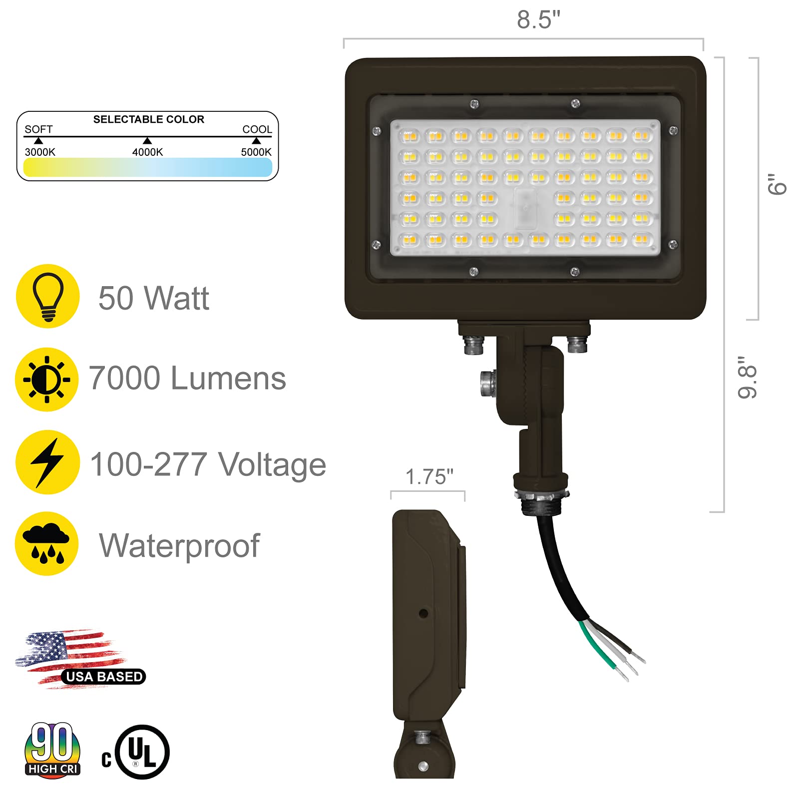 Nuwatt 50W Led Flood Light, 3Cct 3000K/4000K/5000K Selectable, Ip65 Waterproof Lighting, Adjustable Knuckle Mount, 7050Lm, 0-10V Dimmable, 120-277V, Outdoor Security Floodlight For Yard, Bronze, Ul