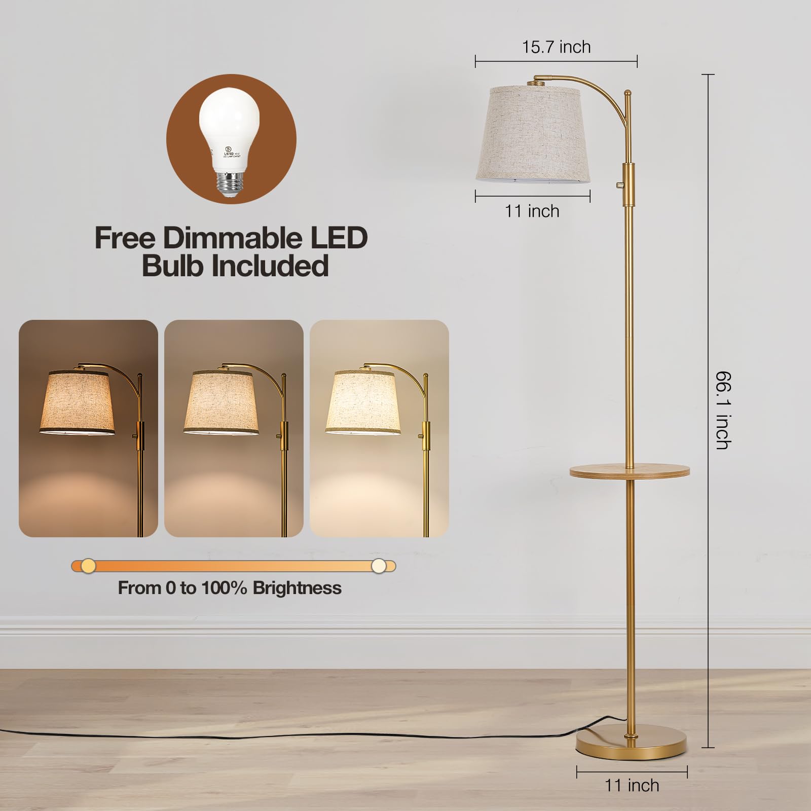 AIDENOEY Fully Dimmable Gold Floor Lamp with Beige Shade, Large Size, Model HYZC0203, Adjustable Head, 9W LED Bulb Included