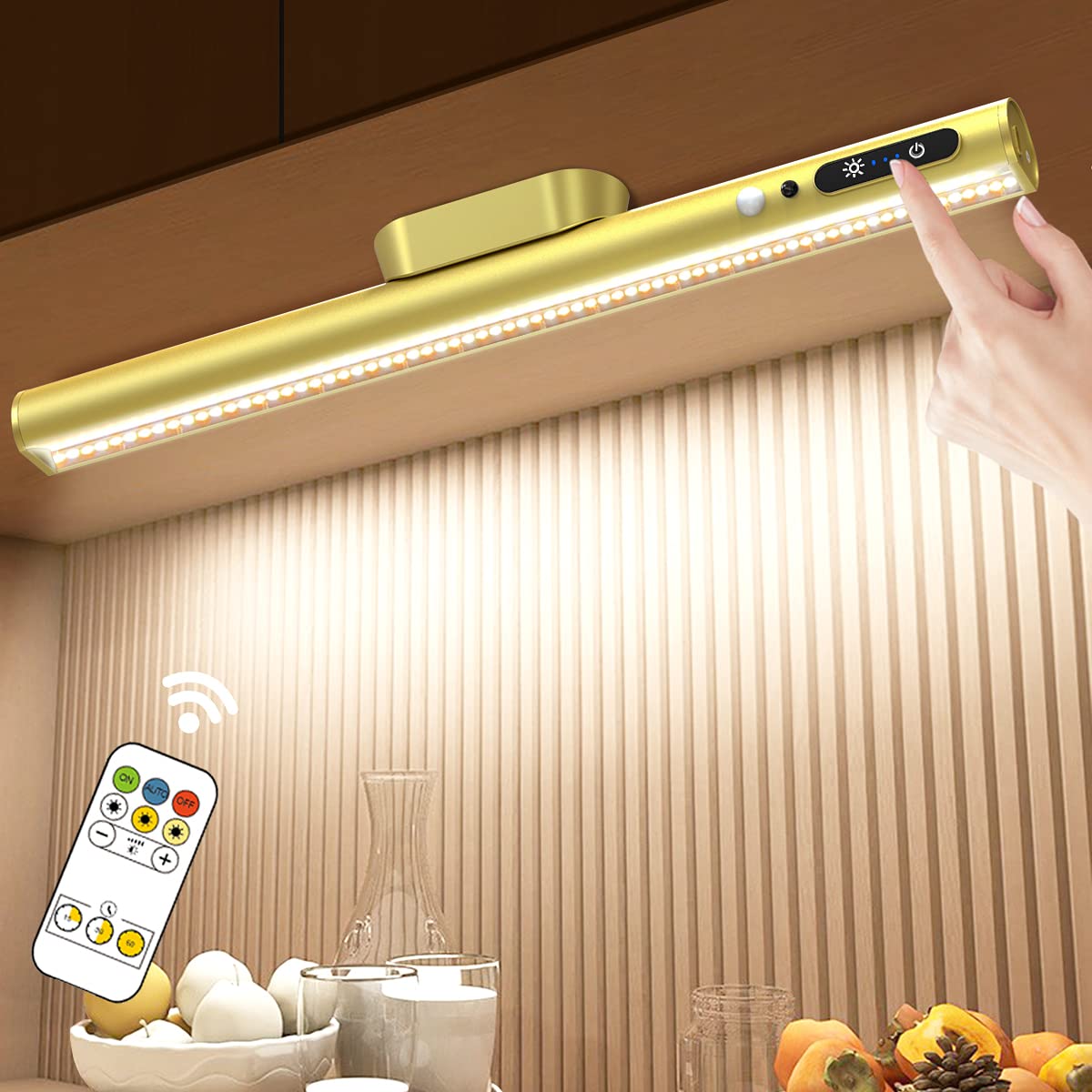 Hapfish Motion Sensor LED Light Bar, Rechargeable Wireless Under Cabinet Lighting, Magnetic, Gold, Model YZYP350-GD03