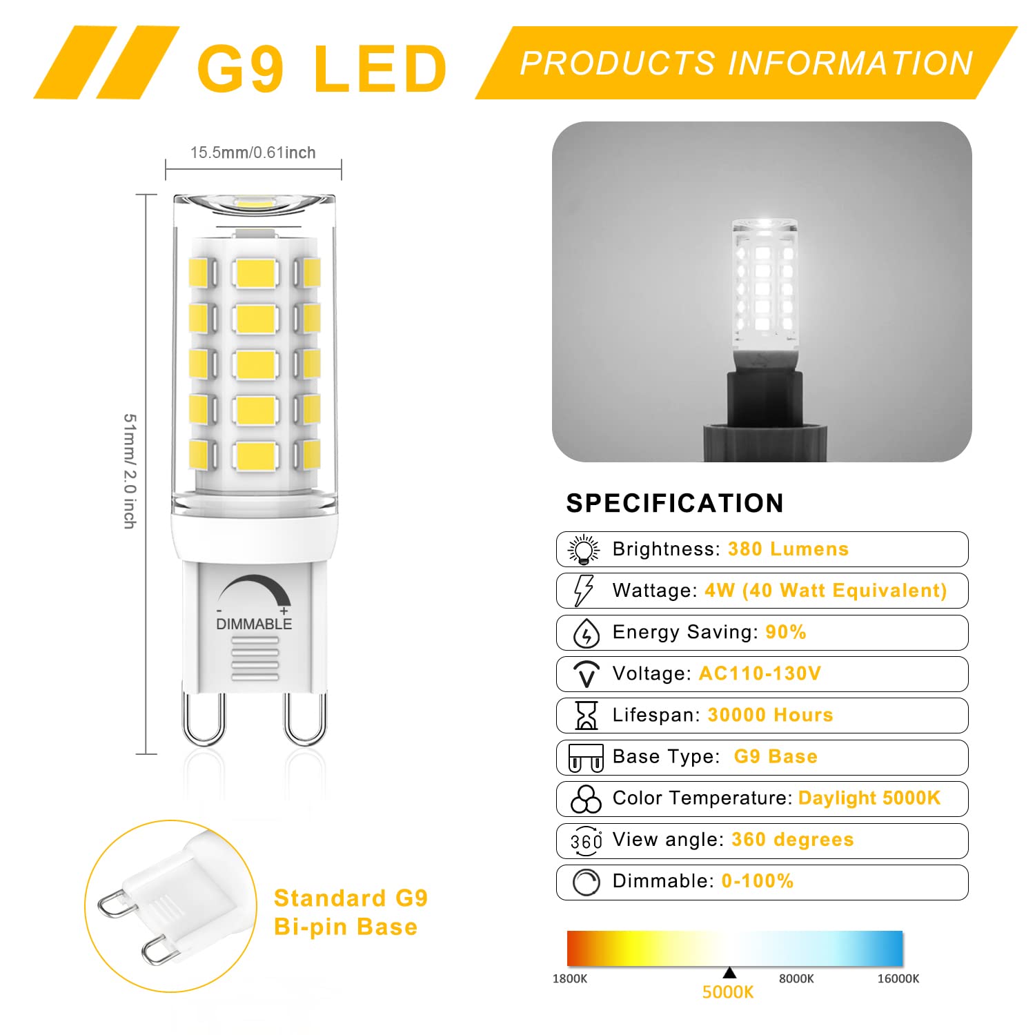 YUIIP G9 LED Bulb Dimmable 4W, 5000K Daylight White, 380LM, 360° Beam Angle, Pack of 10