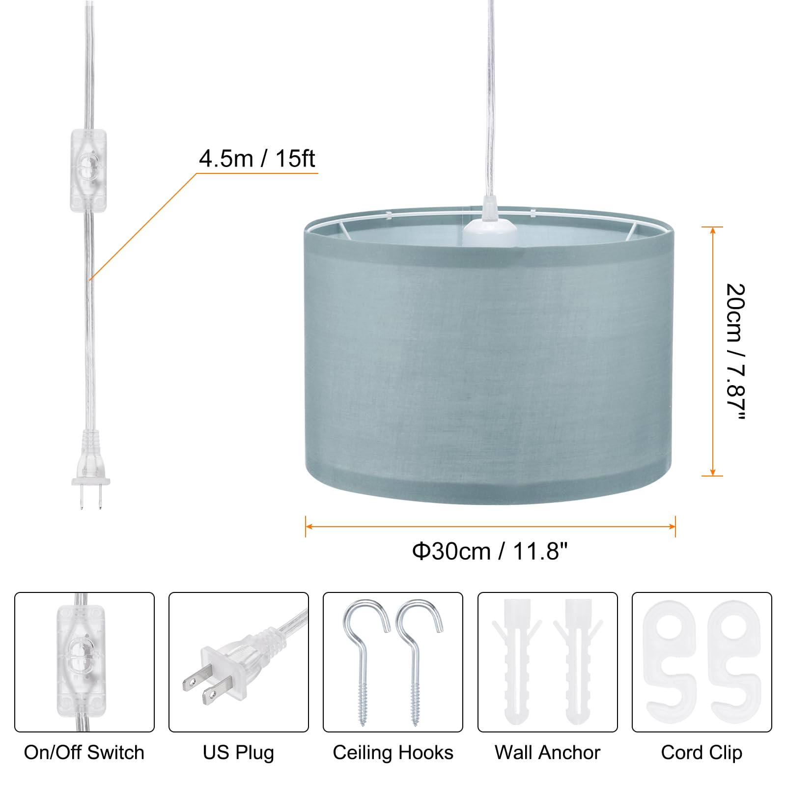 Patikil Plug In Pendant Light, 15Ft Rope Cord Hanging Lamp Fixture Gray Blue