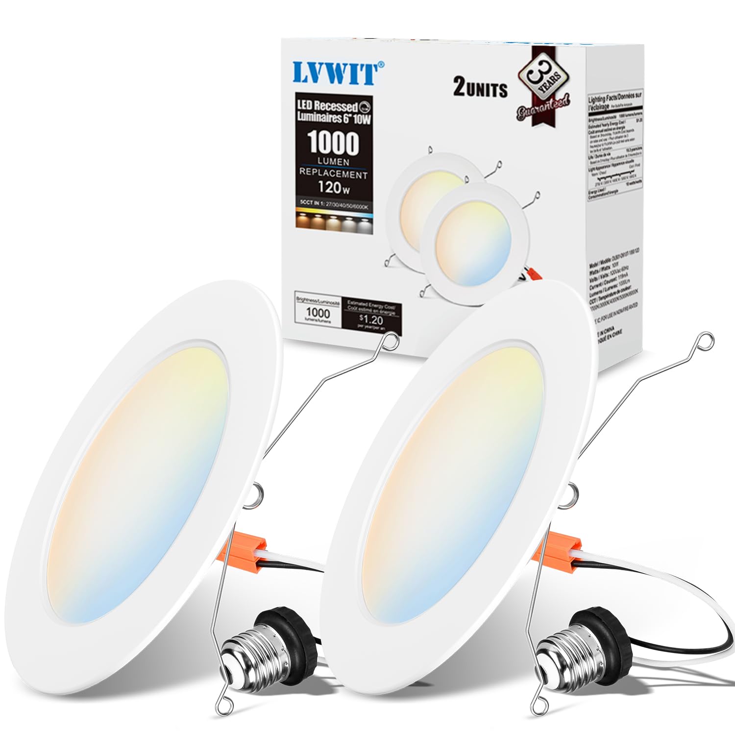 LVWIT LED Recessed Light 6inch, 5CCT Can Lighting with White Cover, Color Selectable Dimmable Downlight with E26 Conversion Kit,