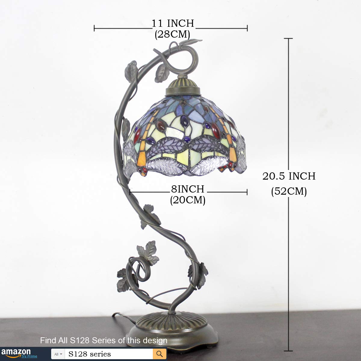 WERFACTORY Tiffany Table Lamp, Stained Glass Dragonfly Design, 8x10x21 Inches, Blue Yellow, Metal Leaf Base, S128 Series