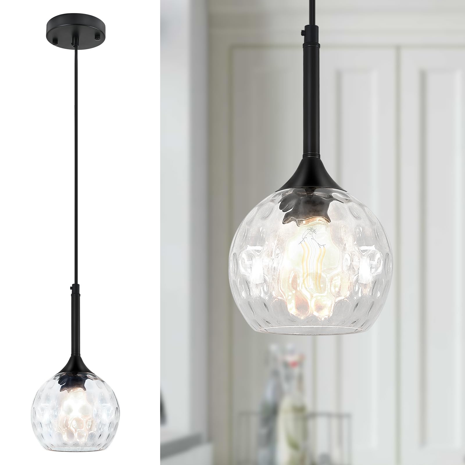 Jhlbyl Glass Pendant Light Fixtures, 6'' Kitchen Pendant Lights Black Pendant Light With Hammered Glass Pendant Lights Kitchen I