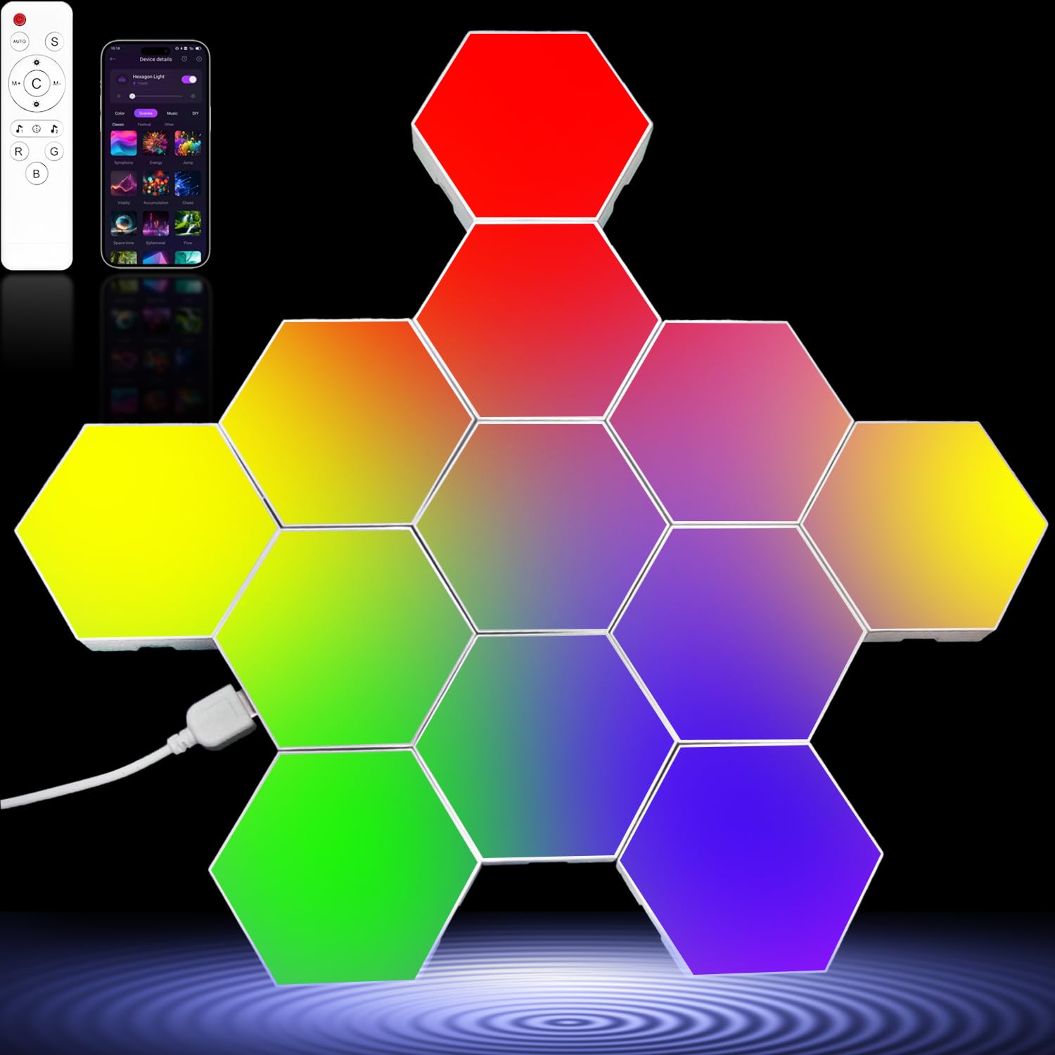 Zwzasm RGB Hexagon Wall Lights, 12 Pack Smart LED Panel Lights with App & Remote, Music Sync, DIY Shapes for Living Room, Bedroo