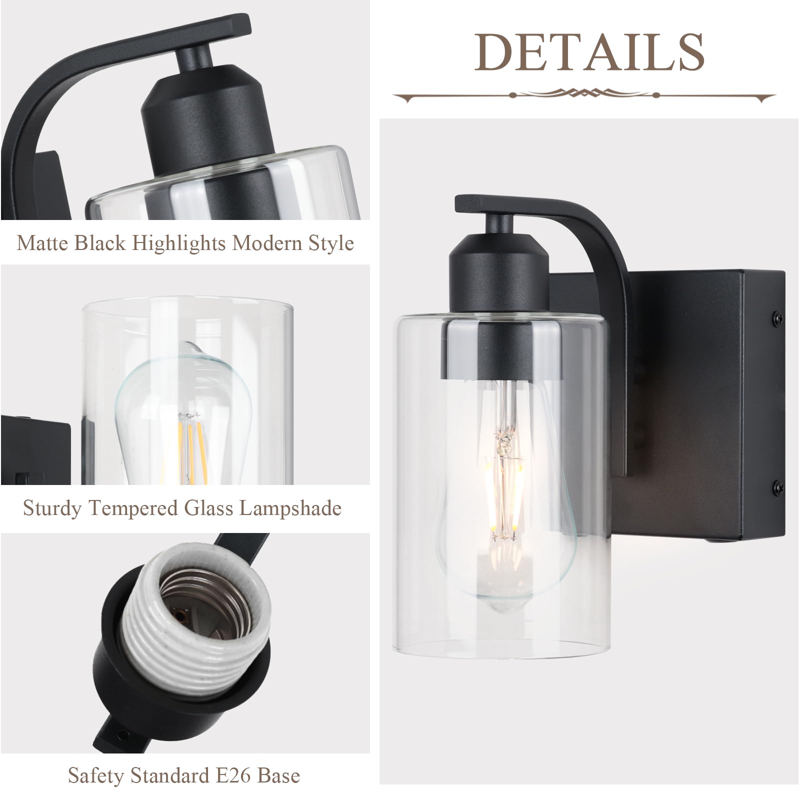 BELS Wall Sconces Set of 2, 8 Inch Dimmable Black Iron Fixtures with Clear Glass, Remote Control, Model VL-1195WT-BK-2P
