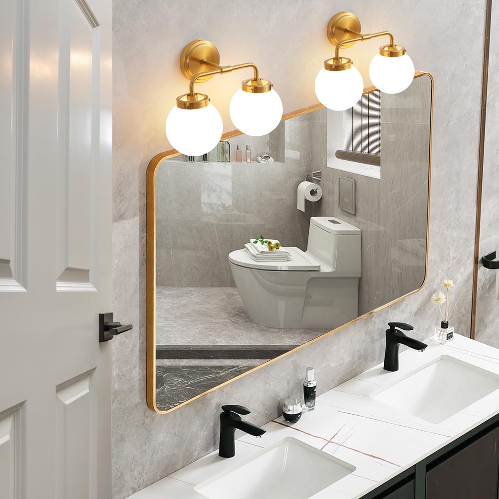 Deyidn Bathroom Vanity Light Fixtures, Modern Brass Gold, 2 Lights, Milk White Shades, Model 1758