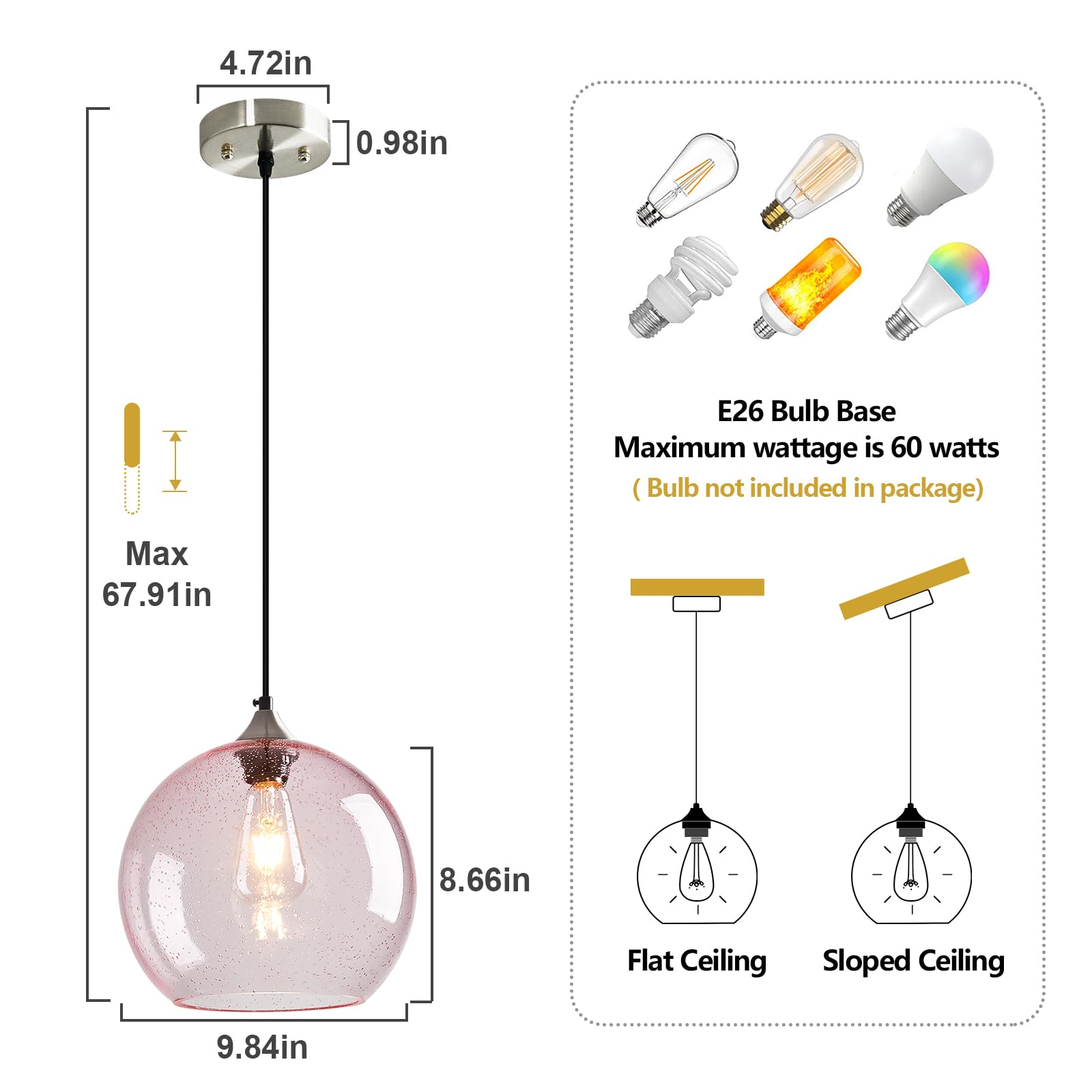 Lbsqj Pink Glass Pendant Lights Kitchen Island Globe Pendant Light Fixtures Modern Pendant Lighting For Bedroom Living Dining Room Light Fixture (9.84 In  3 Pack)