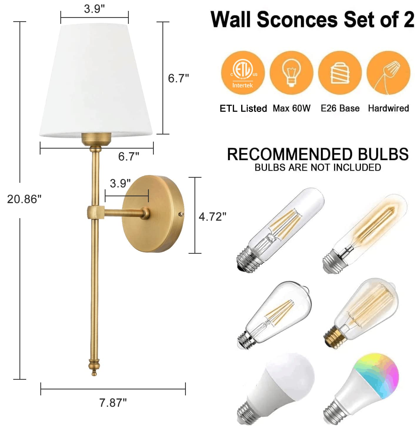 Bsmathom Wall Sconces Set of 2, Classic Brushed Brass Lighting Fixture with Fabric Shade, Gold, Model C002-BDWX