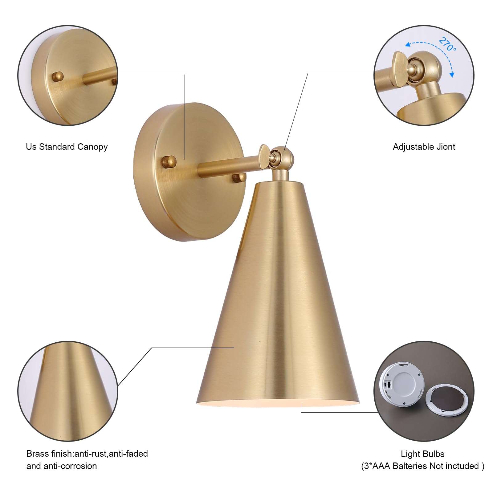 MWZ Gold Wall Sconces Set of Two, Wireless Dimmable Lighting with Remote, Adjustable Angle, Model W-XL115