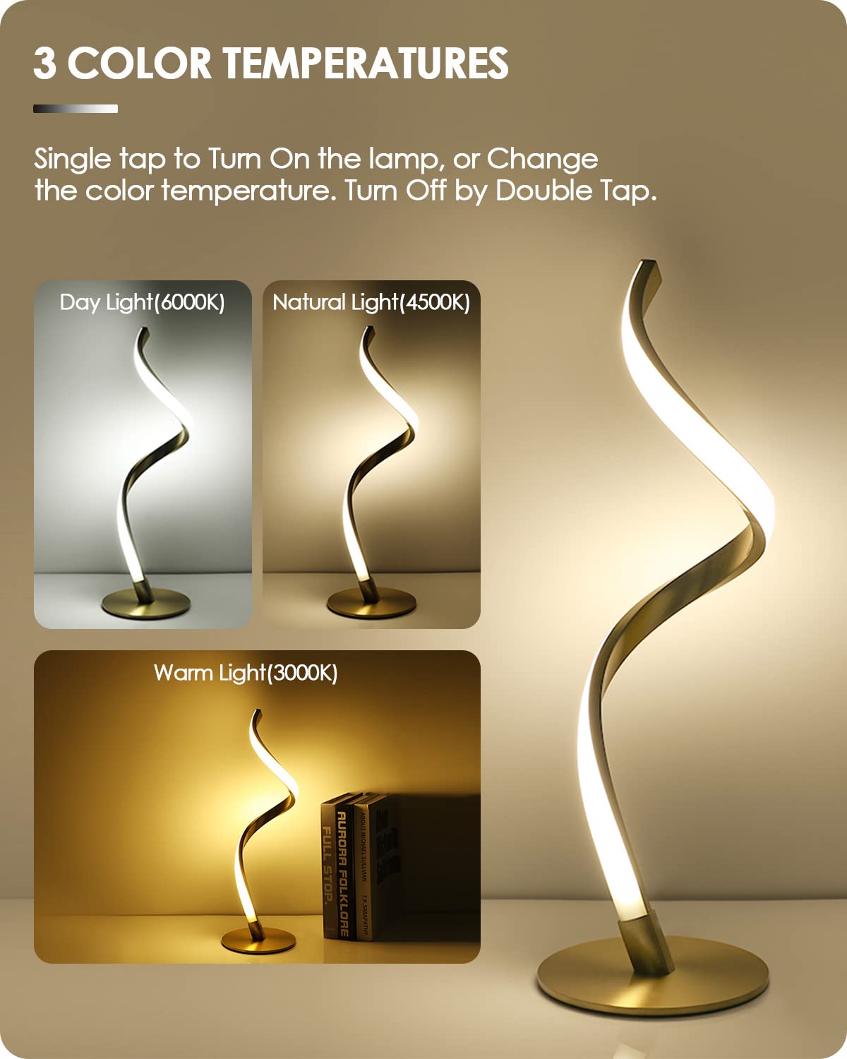 Yarra-Decor Modern Spiral Bedside Lamp - Touch Control LED, Dimmable, Compact, Gold, Model TD-010SPIRAL, 3000K/4000K/5000