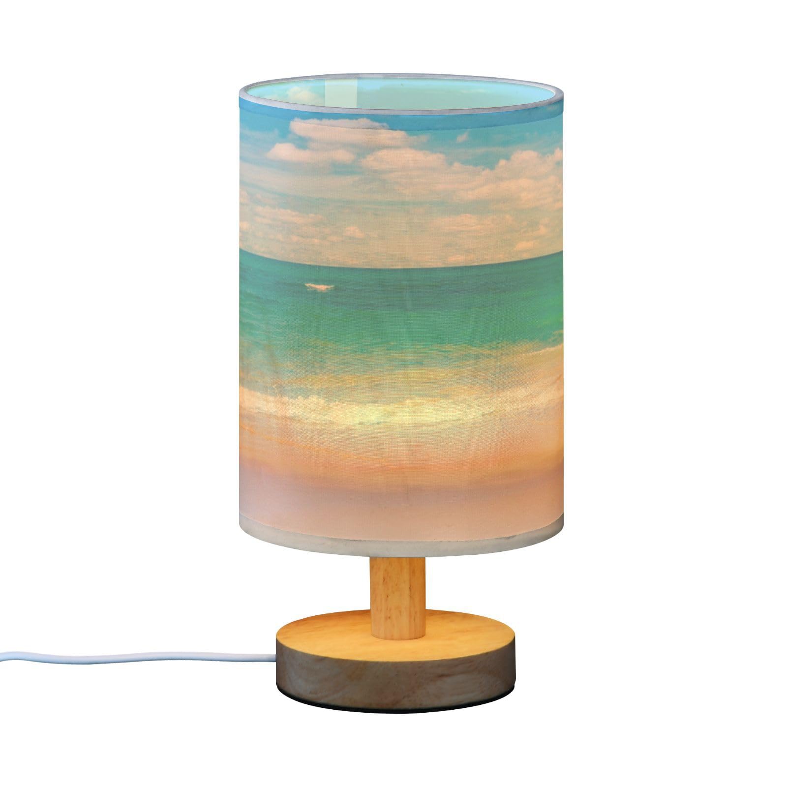 Yyzzh Table Lamp Tropical Sea Summer Blue Ocean With Beach White Cloud On Sky Nightstand Lamp With Wood Base Fabric Lamp Shade B