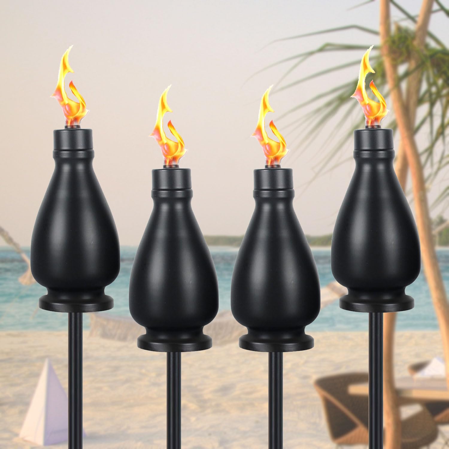 Tewei 4 Pack Black Metal Citronella Torches - 60 Inch Garden Outdoor Patio Lights