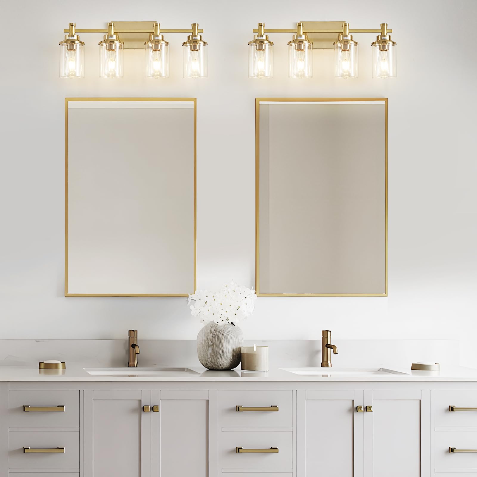 Aixialin 4 Light Brushed Brass Bathroom Vanity Light Over Mirror, Gold Bathroom Light Fixtures, Vintage Wall Sconce With Clear G