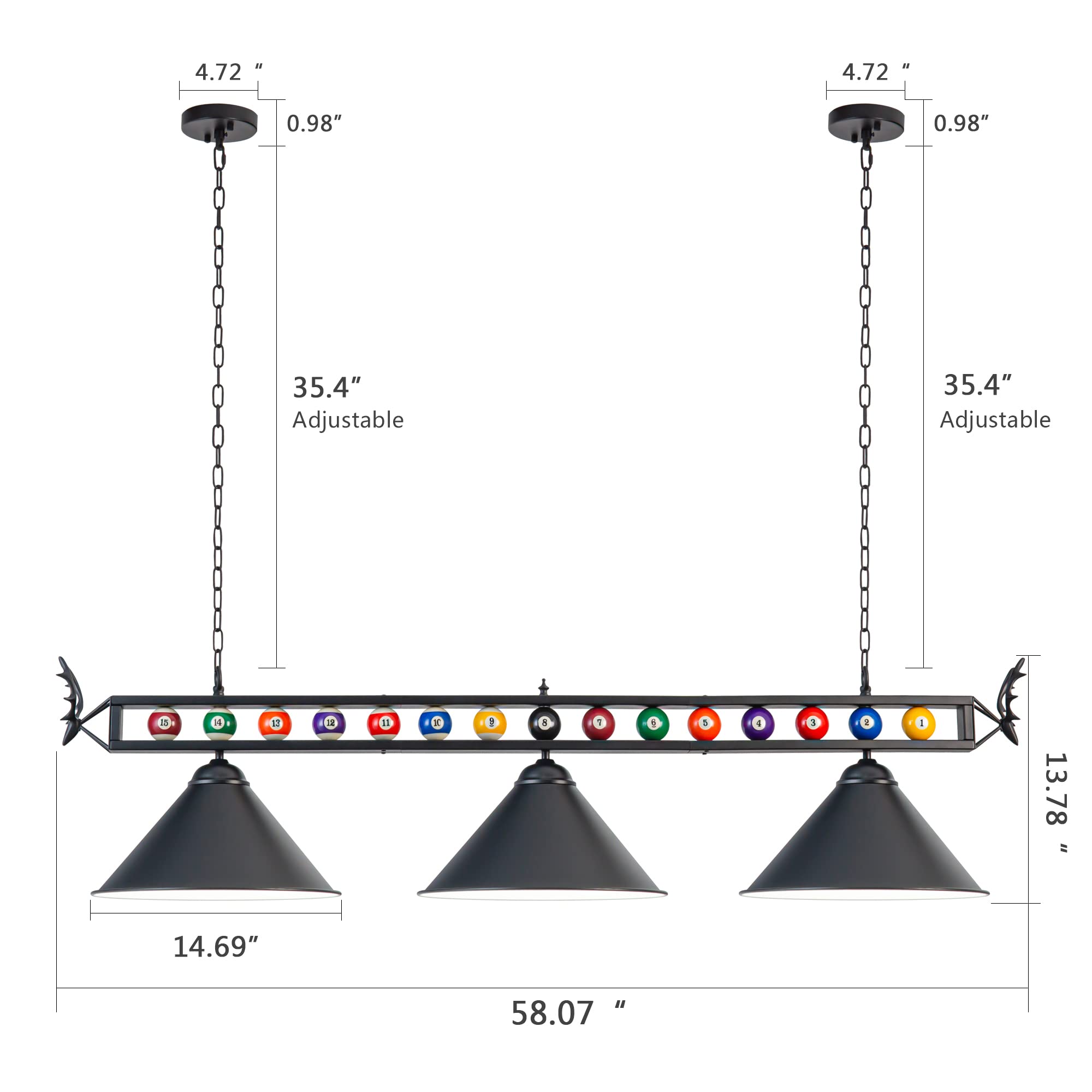 LuoliiTa 58" Pool Table Light - Black Iron Billiard Hanging Light for Game Room, Restaurant, Coffee Shop, Model L001