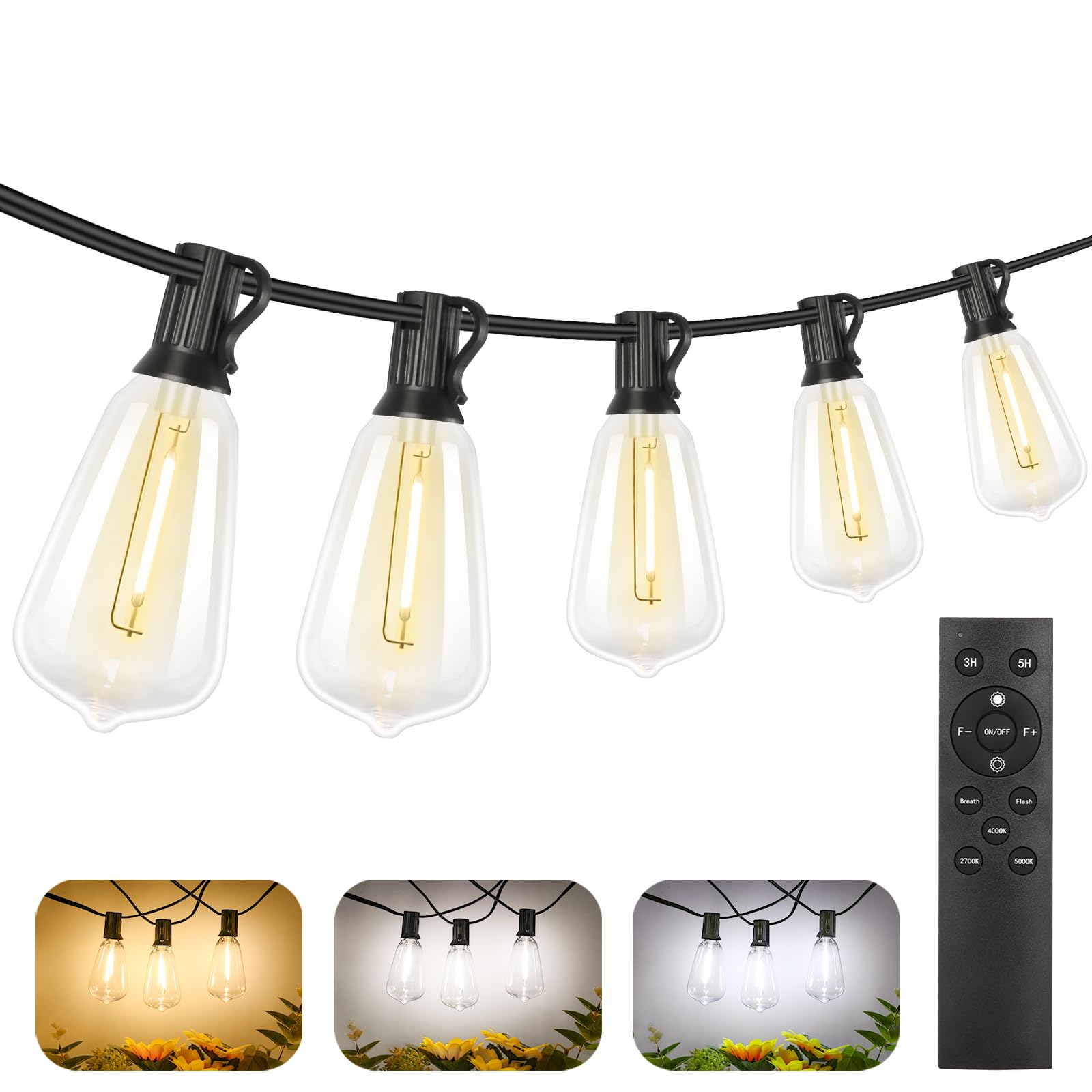 Brightever 150FT Outdoor Lights with Remote, 2700K/4000K/5000K Selectable LED String Lights for Outside with 75+2 ST38 Shatterpr