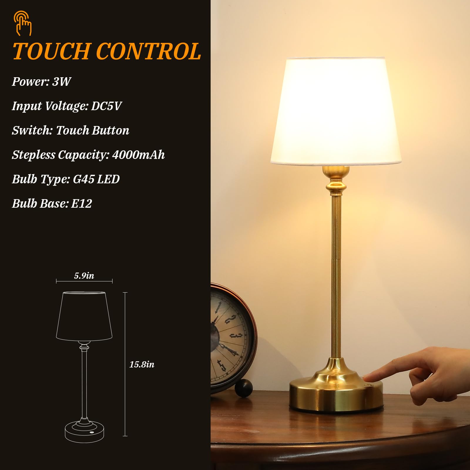 Cordless Table Lamp Rechargeable Gold - 1 Pack Brass 4000Mah Battery Operated Lamp For Decor, 3000K Stepless Dimming Touch Contr