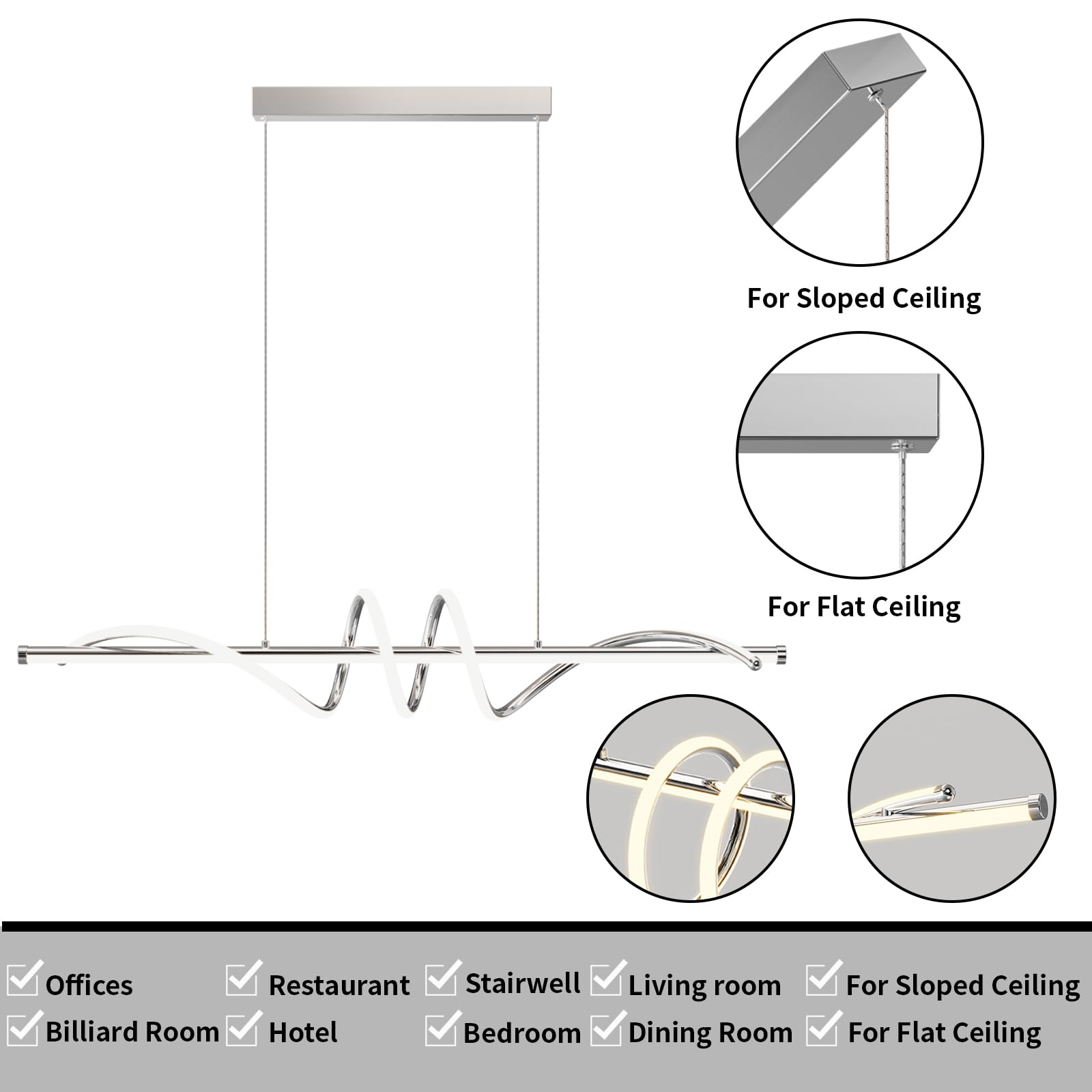 Zihoi Modern LED Pendant Light Fixture, Dimmable 3000K-6000K, 47in Aluminum, Chrome Silver, Model LX