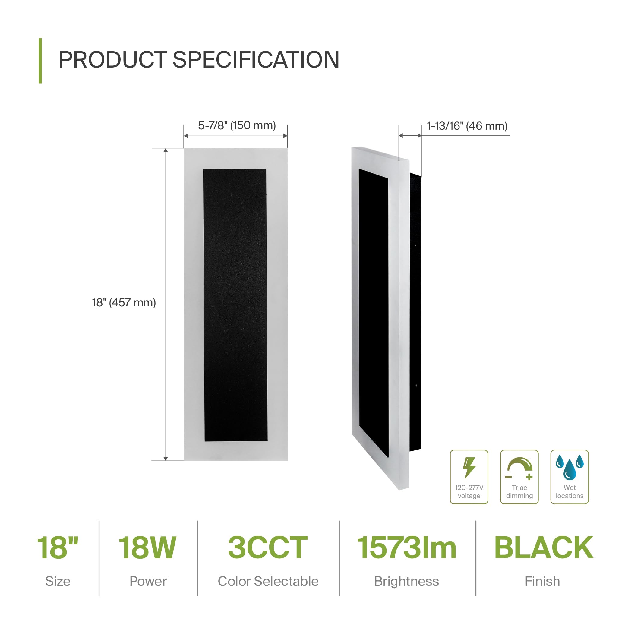ASD LED Wall Mount Light Fixture, Dimmable, Waterproof, 18W, 18 Inch, Black, Model A-LWS27A-18D18BK